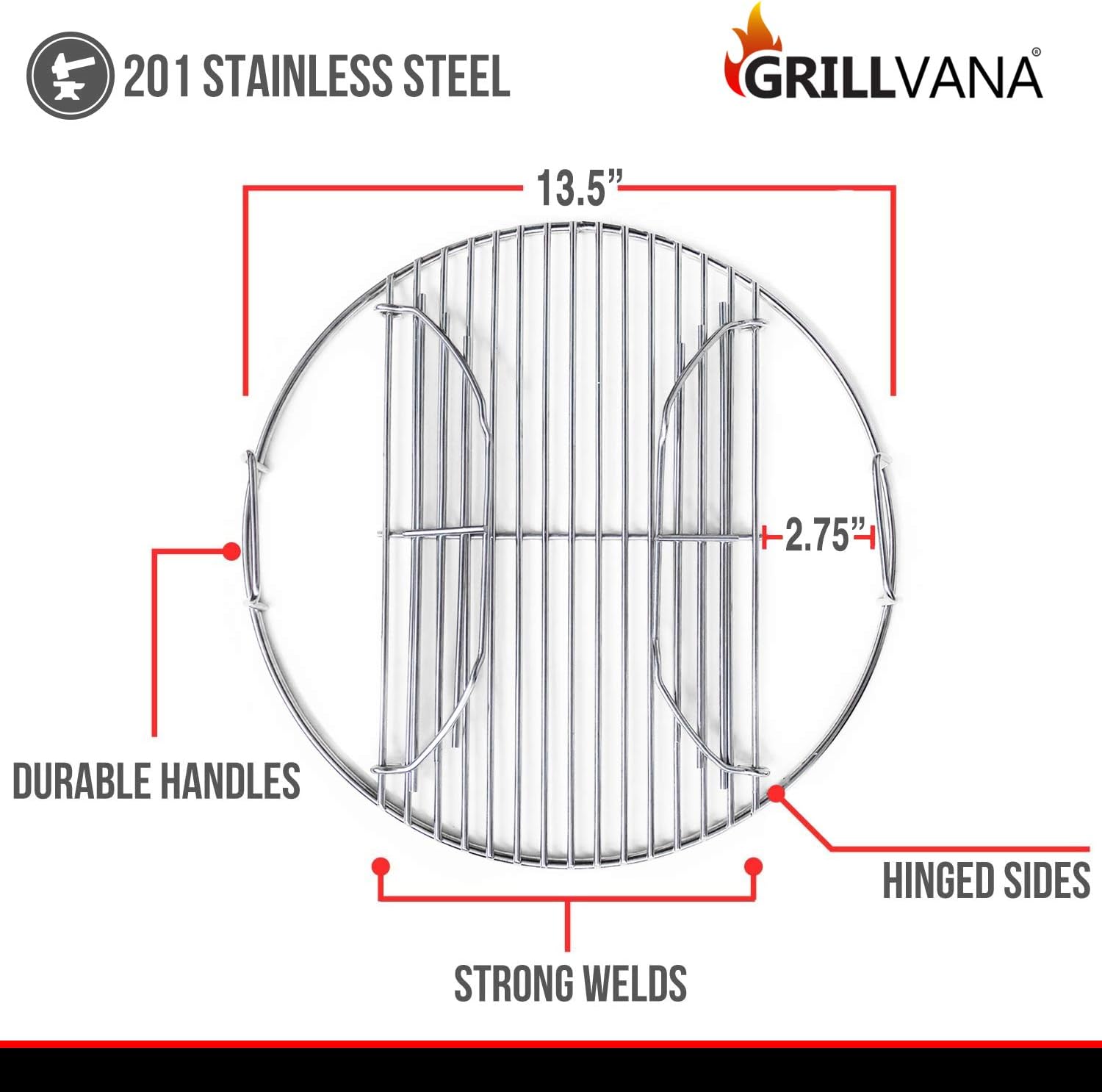 14 Inch 201 Stainless Steel Charcoal Grill Cooking Replacement Grate now with Hinges - Compatible with Weber 14