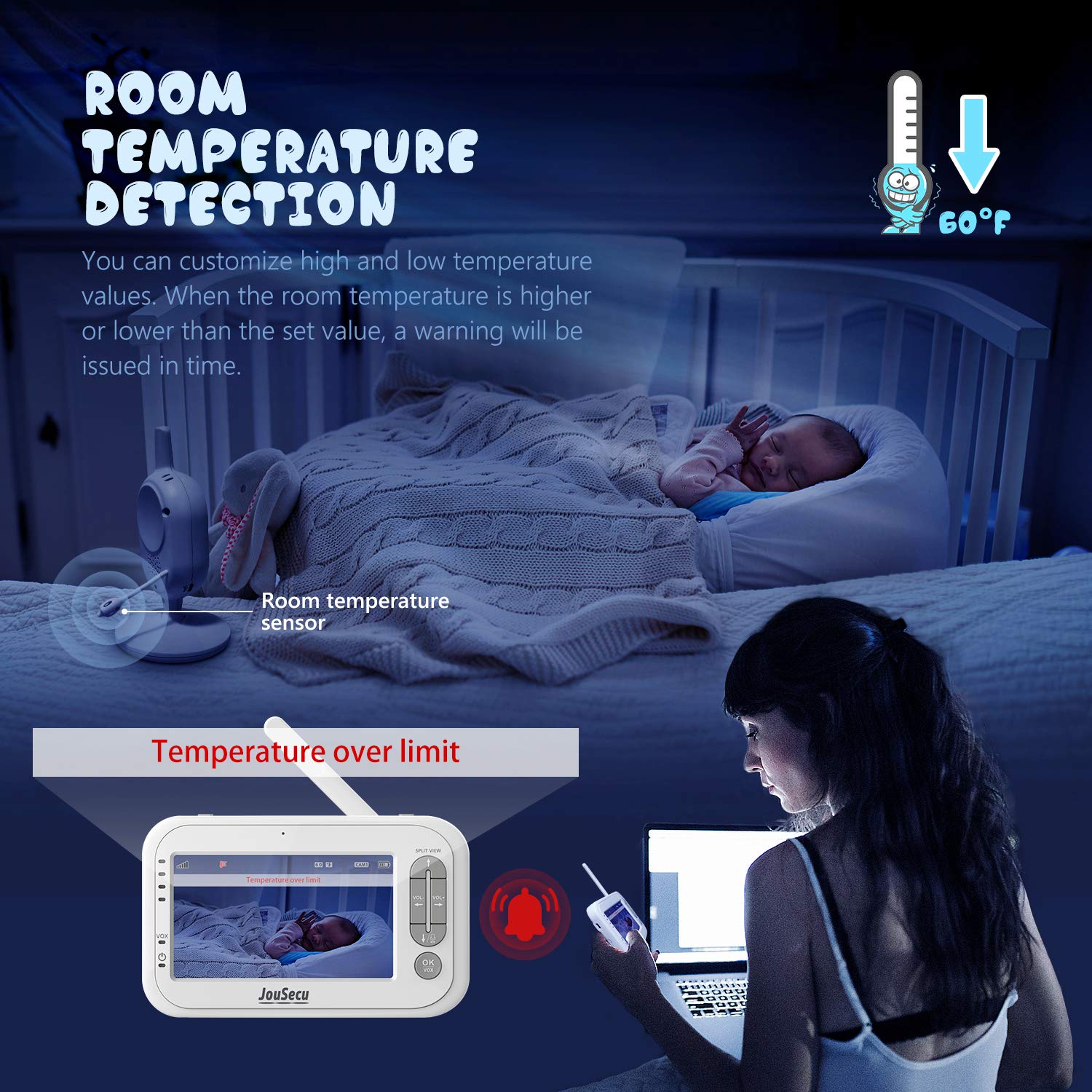 Video Baby Monitor JouSecu Infant Monitor with 1 Camera 4.3 Inches LCD Split Screen 1440mAh Rechargeable Battery Temperature Detection Baby Crying Detection Night Vision 2-Way Audio Pack of 2