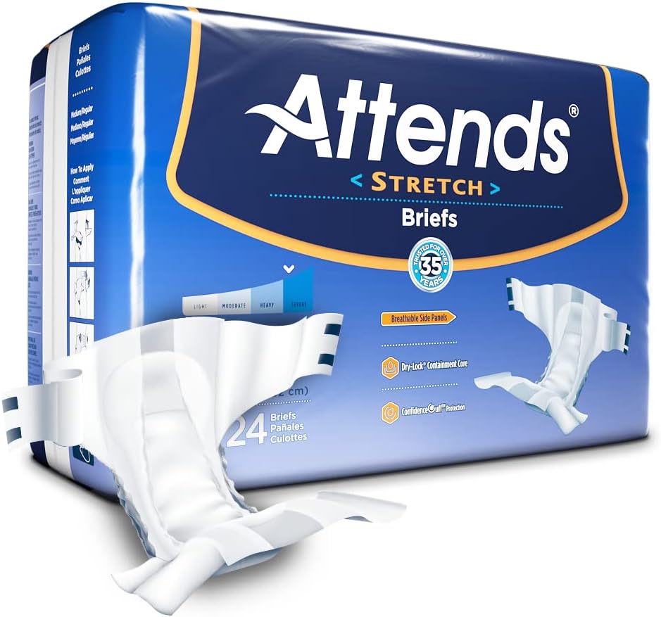 Attends Stretch Briefs with Advanced Dry-Lock Technology for Adult Incontinence Care, Medium/Regular, Unisex, 96Count Pack of 2