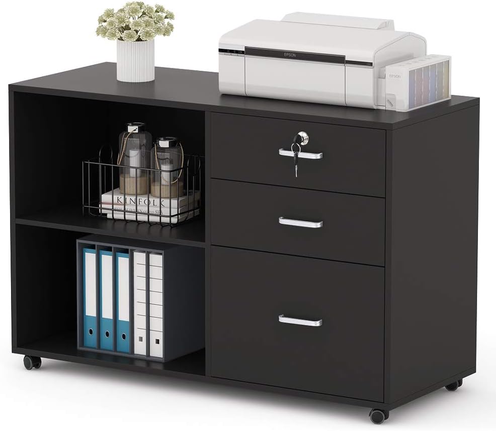Tribesigns 3 Drawer Wood File Cabinets with Lock, Large Modern Lateral Mobile Filing Cabinets Printer Stand with Wheels, Open Storage Shelves for Home Office (Black)