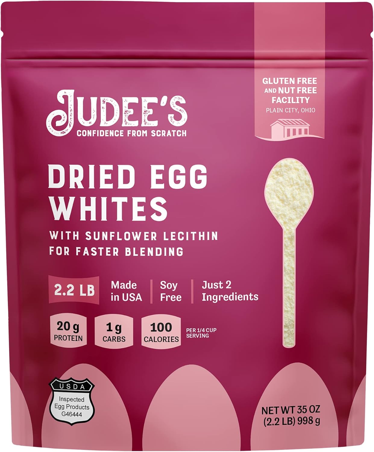 Judee’s Unflavored Egg White Protein Powder for Fast Blending 2.2 lb - 100% Non-GMO, Keto-Friendly, Pasteurized - Dairy-Free, Soy-Free, Paleo-Friendly, Gluten-Free and Nut-Free - Made in USA Pack of 2