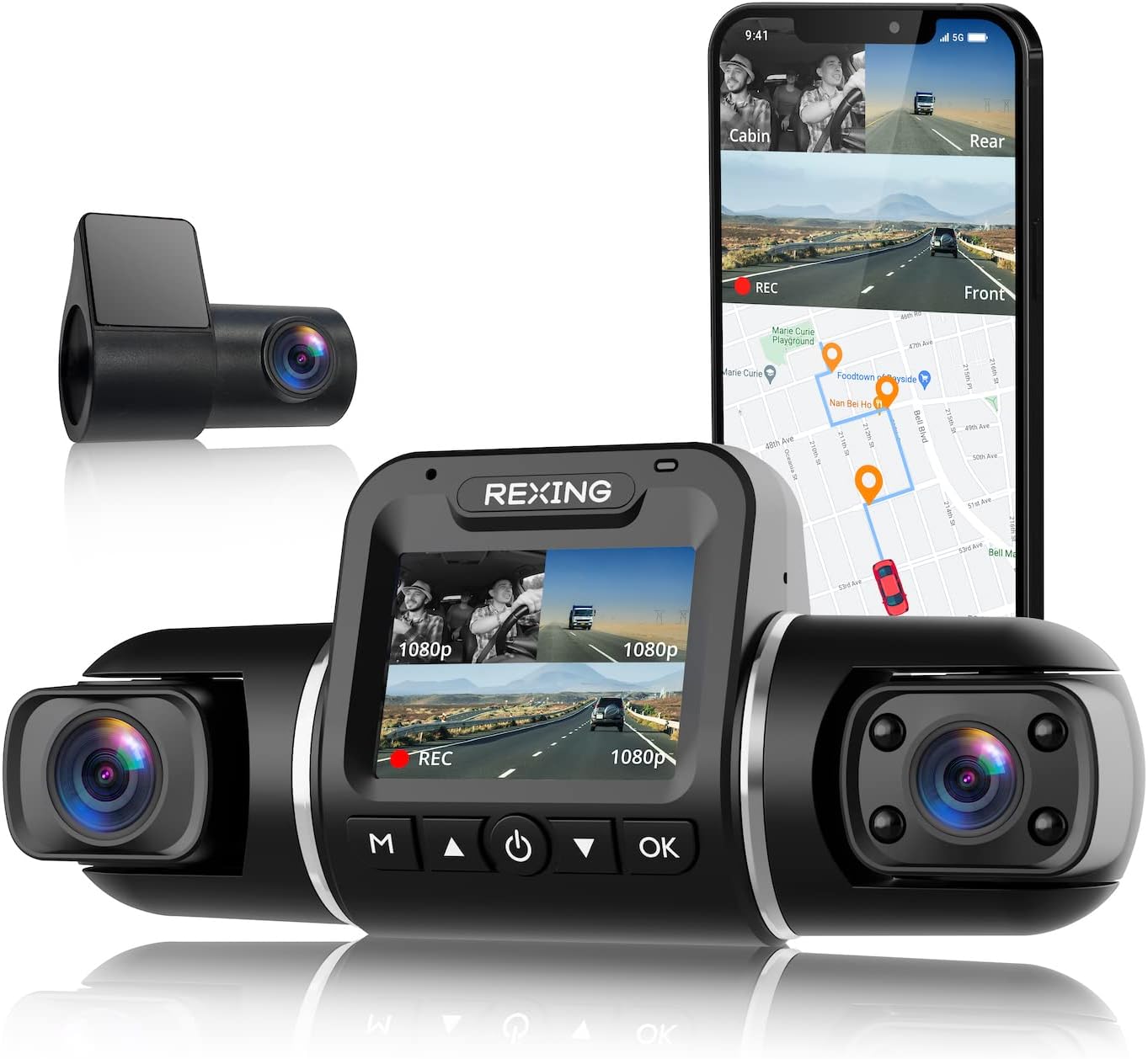 REXING V2 PRO Full HD Dual Camera 2.7” LCD Screen | Dash and Inside Cabin Infrared Night Vision | Full HD 1080p W/ Single Channel 2160p | WiFi | Car Taxi Dash Cam | Supercapacitor |