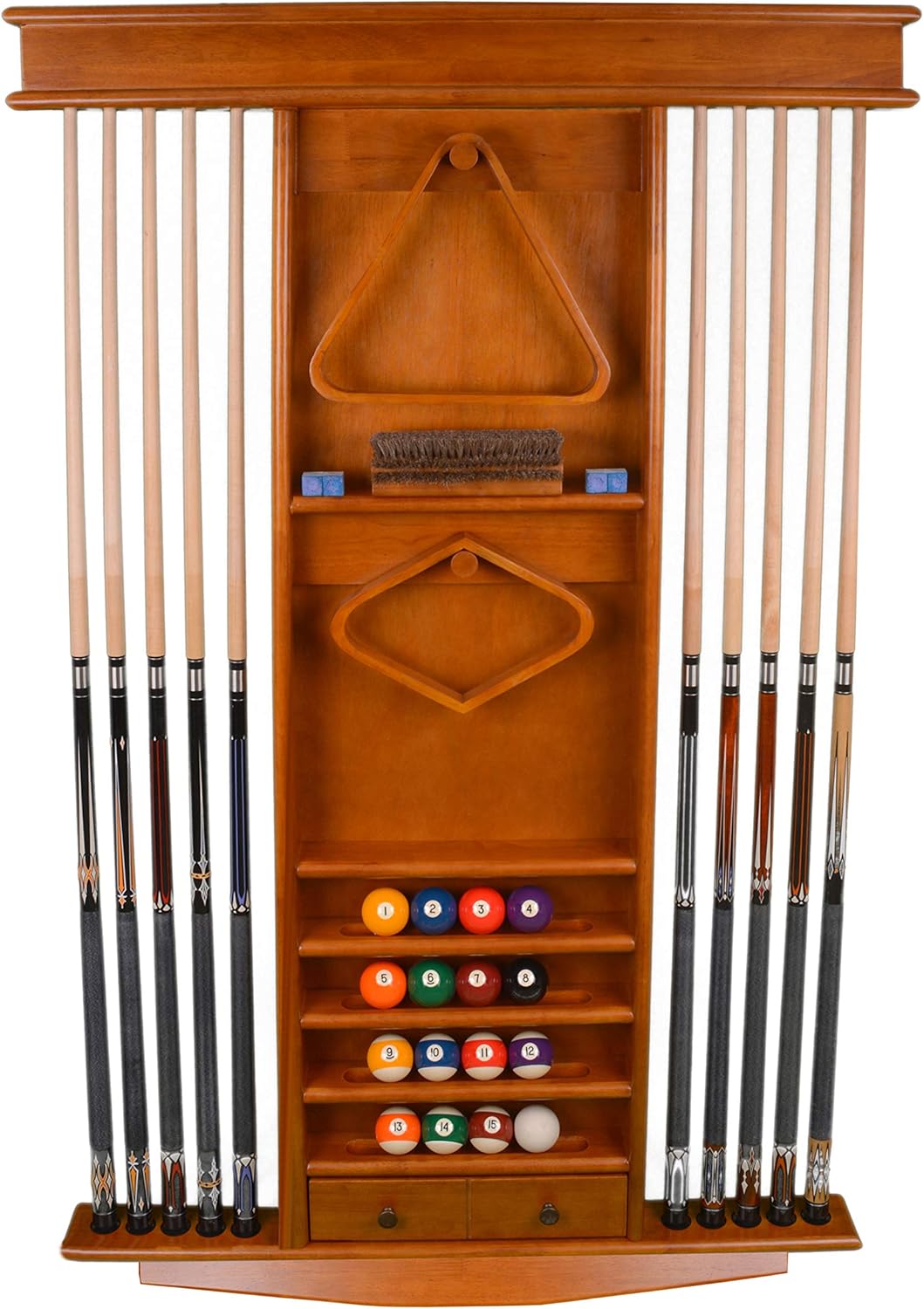 ISZY Billiards Cue Rack Only - 10 Pool Cue - Billiard Stick + Ball Set Wall Rack Choose Mahogany, Black or Dark Oak Finish