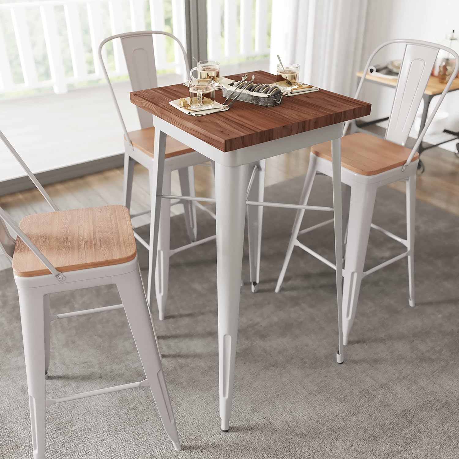 Taylor + Logan 31.5 Inch Square Metal Indoor Table with Walnut Rustic Wood Top, Black