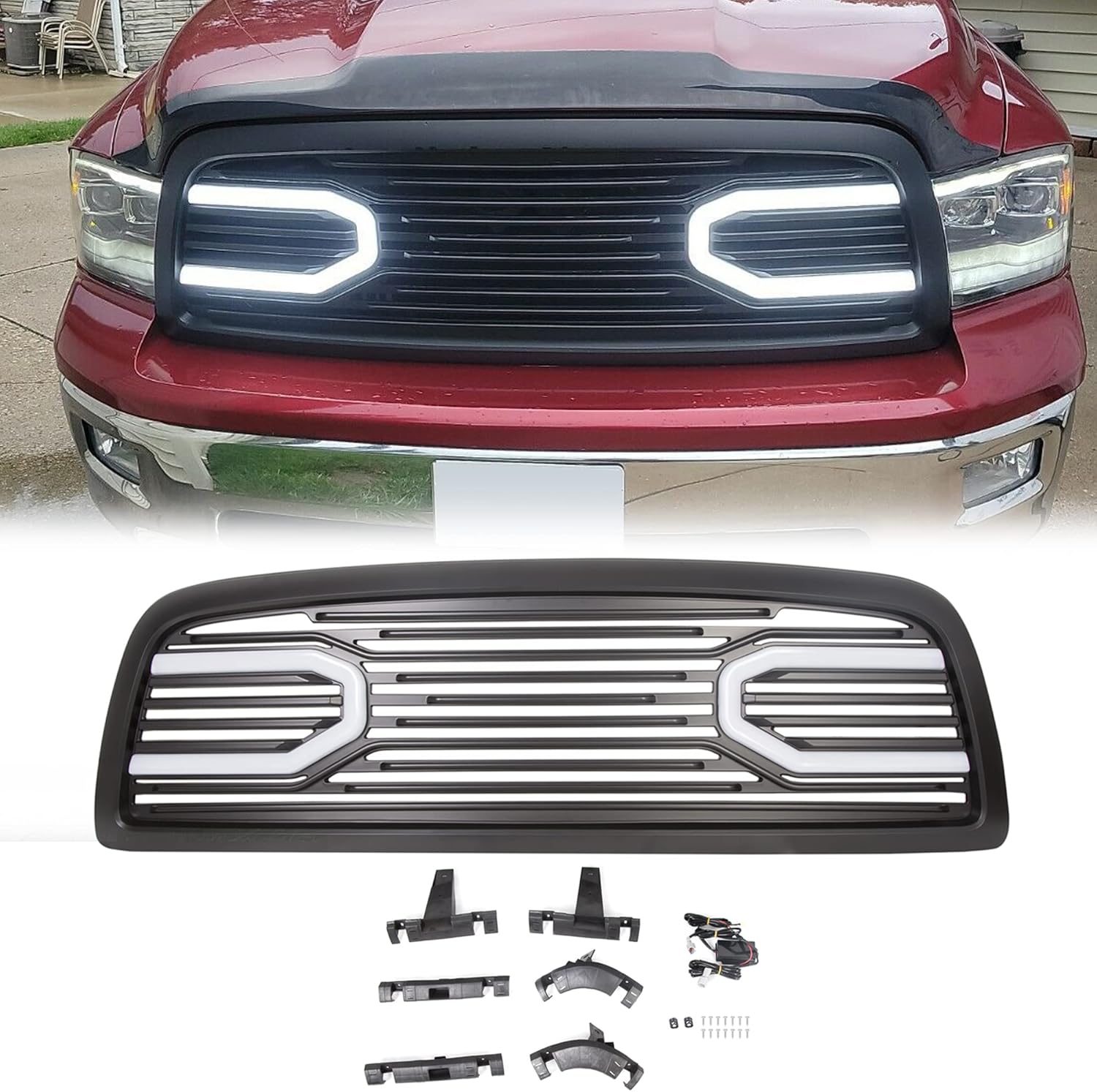ECOTRIC Front Hood Bumper Grille Replacement Shell Compatible with 2009-2012 Dodge Ram 1500 (Black, W/ Light)