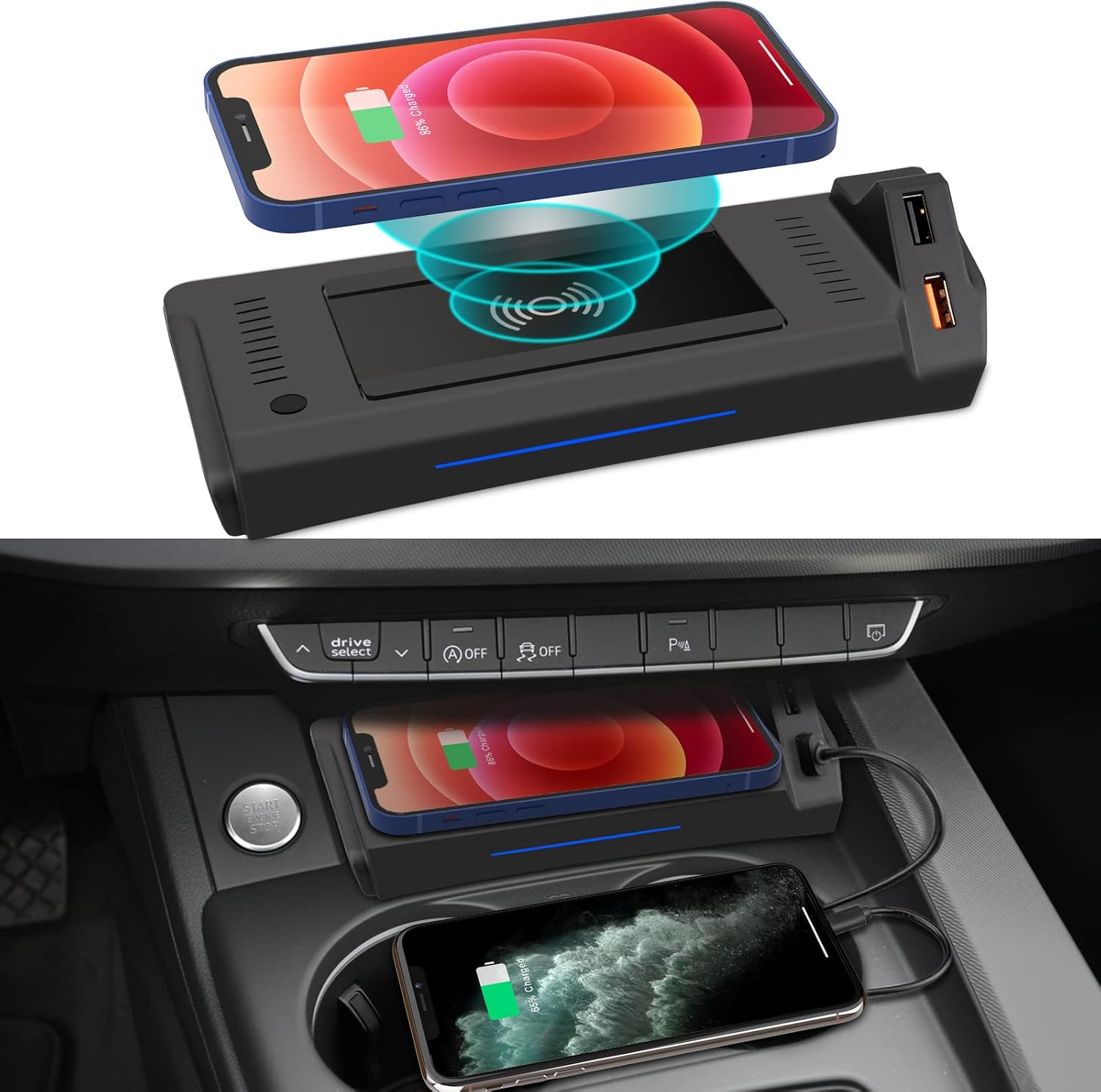 CreekT Wireless Charger for Audi A4 B8 B9 A4 Allroad A5 S4 S5 2018-2021 Center Console Accessories, Multi-Function Wireless Phone Charging with 2 USB Ports for Audi 2021 2020 2019 2018