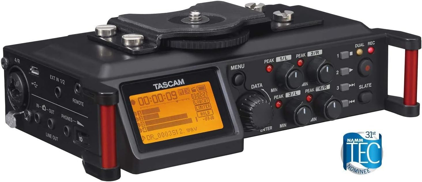 Tascam DR-70D 4-Track Portable Audio Recorder for DSLR Camera with Pro Headphone and Pair of EMB XLR Cables and Gravity Magnet Phone Holder Bundle