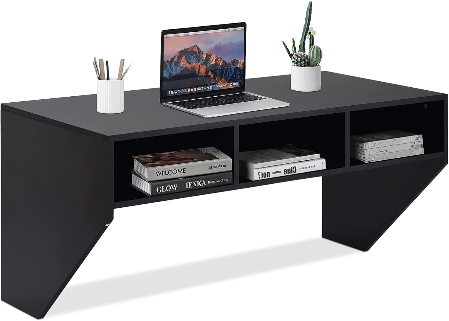 WATERJOY Wall Mounted Table, Vintage Solid Wood Floating Desk with Storage Shelves, Space Saving Corner Writing Computer Desk for Small Space (White)