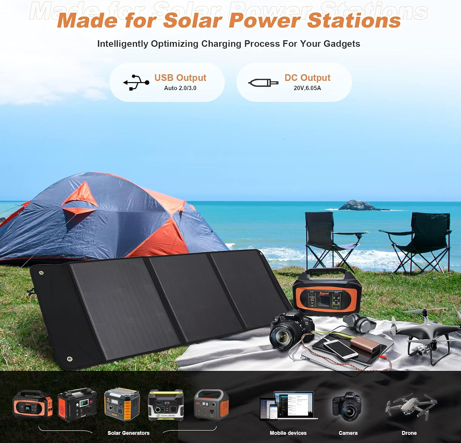 Upgrade Aguei 120W Foldable Solar Panel Monocrystalline for Portable Power Station Solar Generator Solar Charger 12V Battery with Auto 2.0/3.0 USB, for Outdoor RV Camper Off Grid Solar Power Backup