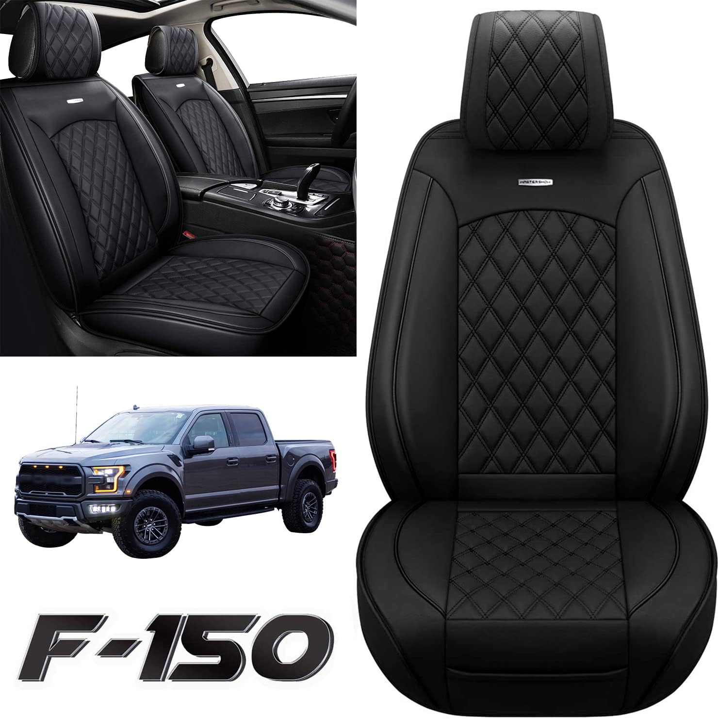 Seat Covers Fit for for Ford Trucks, Suvs, Cars and Vans Pick-Up Truck Fit for 2009 to 2021 Ford F150 and 2017 to 2021 F250 F350 F450 Car Seat Covers Full Set with Leather (5 pcs Full Seat, Black)