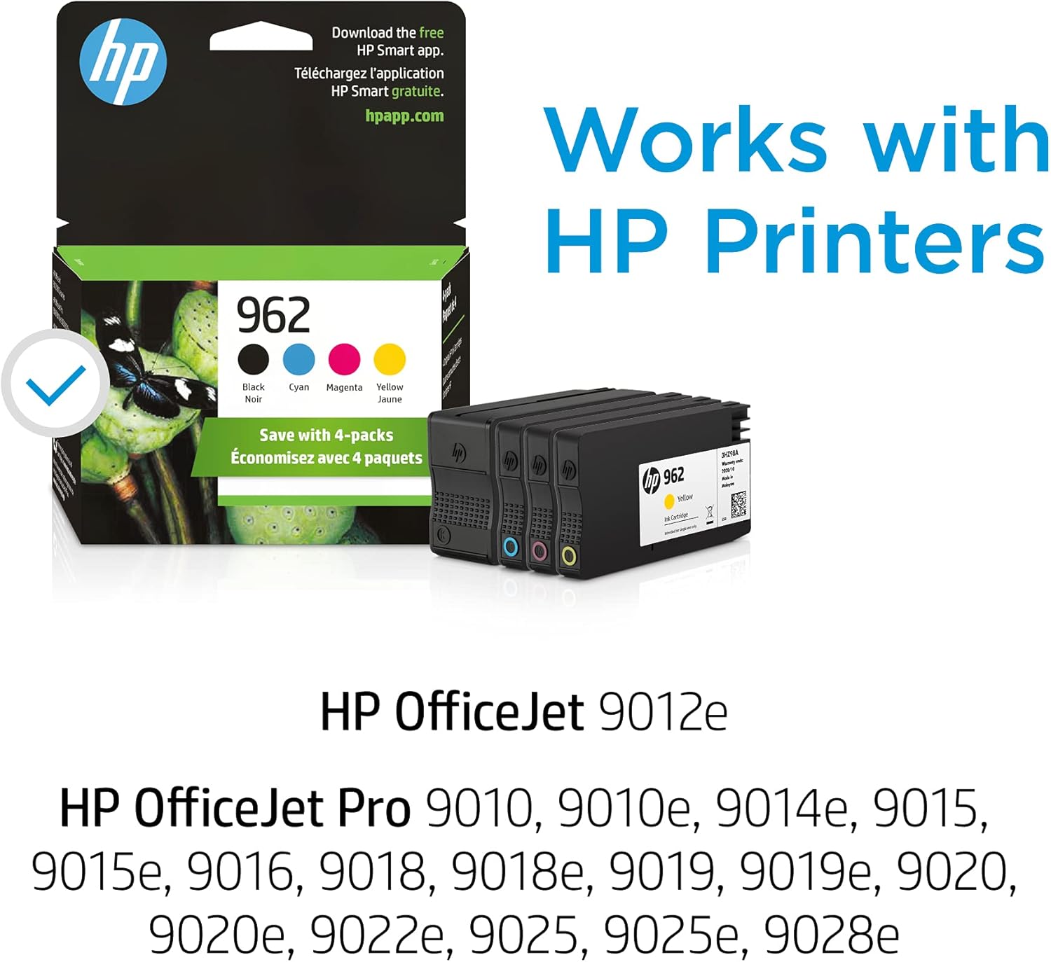 Original HP 962 Black, Cyan, Magenta, Yellow Ink Cartridges (4-pack) | Works with HP OfficeJet 9010 Series, HP OfficeJet Pro 9010, 9020 Series | Eligible for Instant Ink | 3YQ25AN