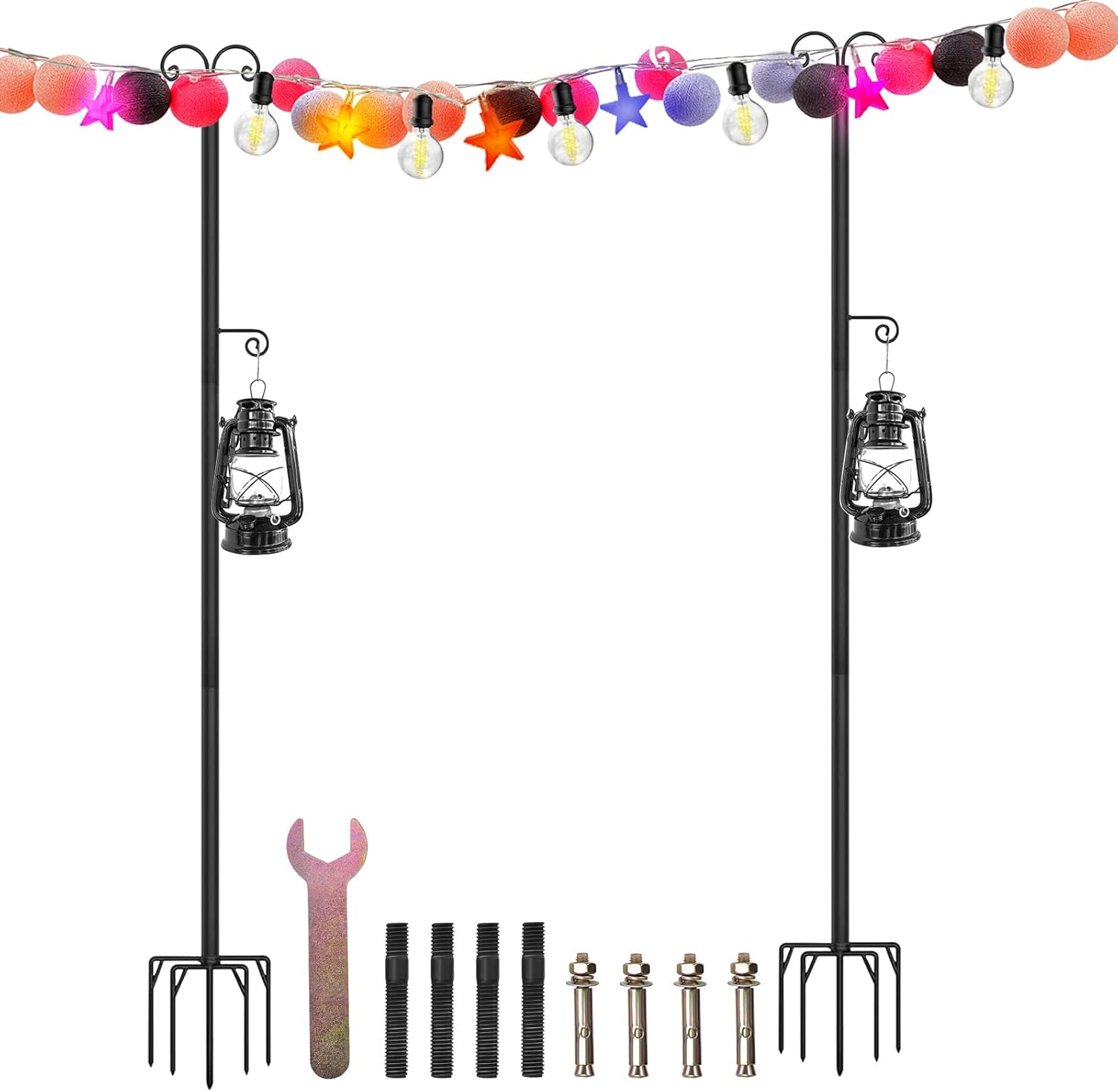 String Light Poles for Outside (2&times;10 Feet), Heavy-Duty Design, Universal Scene Installation Settings, Outdoor Metal Poles with Hooks, Suitable for Your Garden, Terrace, Party, Decoration(2PCS)