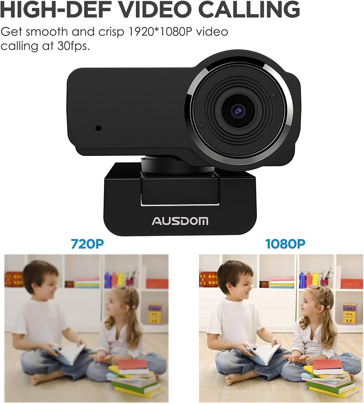Full HD 1080p Webcam with Auto Low light Correction, AUSDOM AW635 USB Streaming Web Camera, 60&deg; FOV Plug and Play for Computer PC Mac Pro Laptop Desktop Online Class Zoom Webex Skype Google Meet Teams
