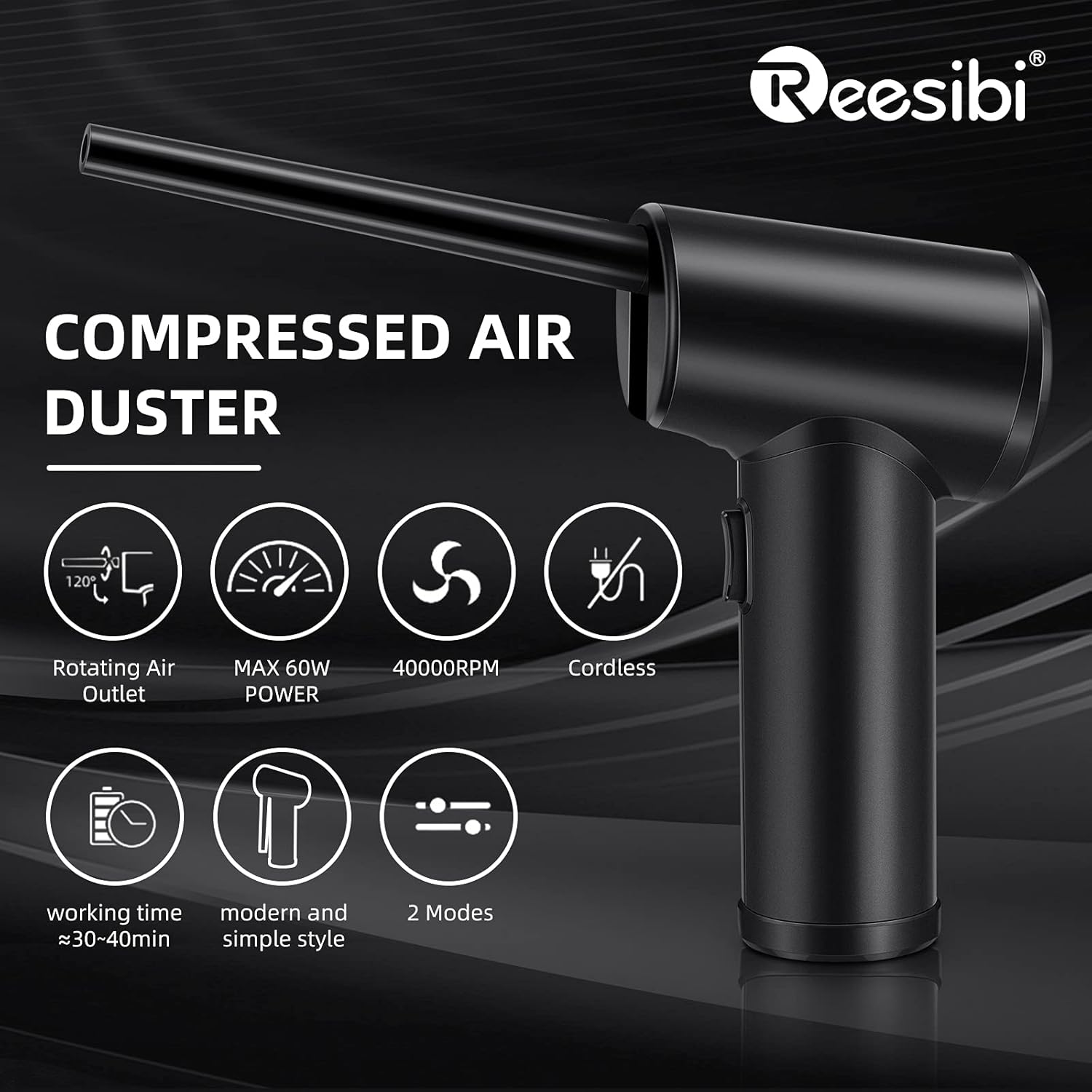 Reesibi Cordless Air Duster Portable Air Blower for Computer with 40000 RPM Improved Motor Electric Compressed Air Duster for Keyboard Laptop PC Camera Cleaning, 7500mAh Rechargeable Battery Pack of 2