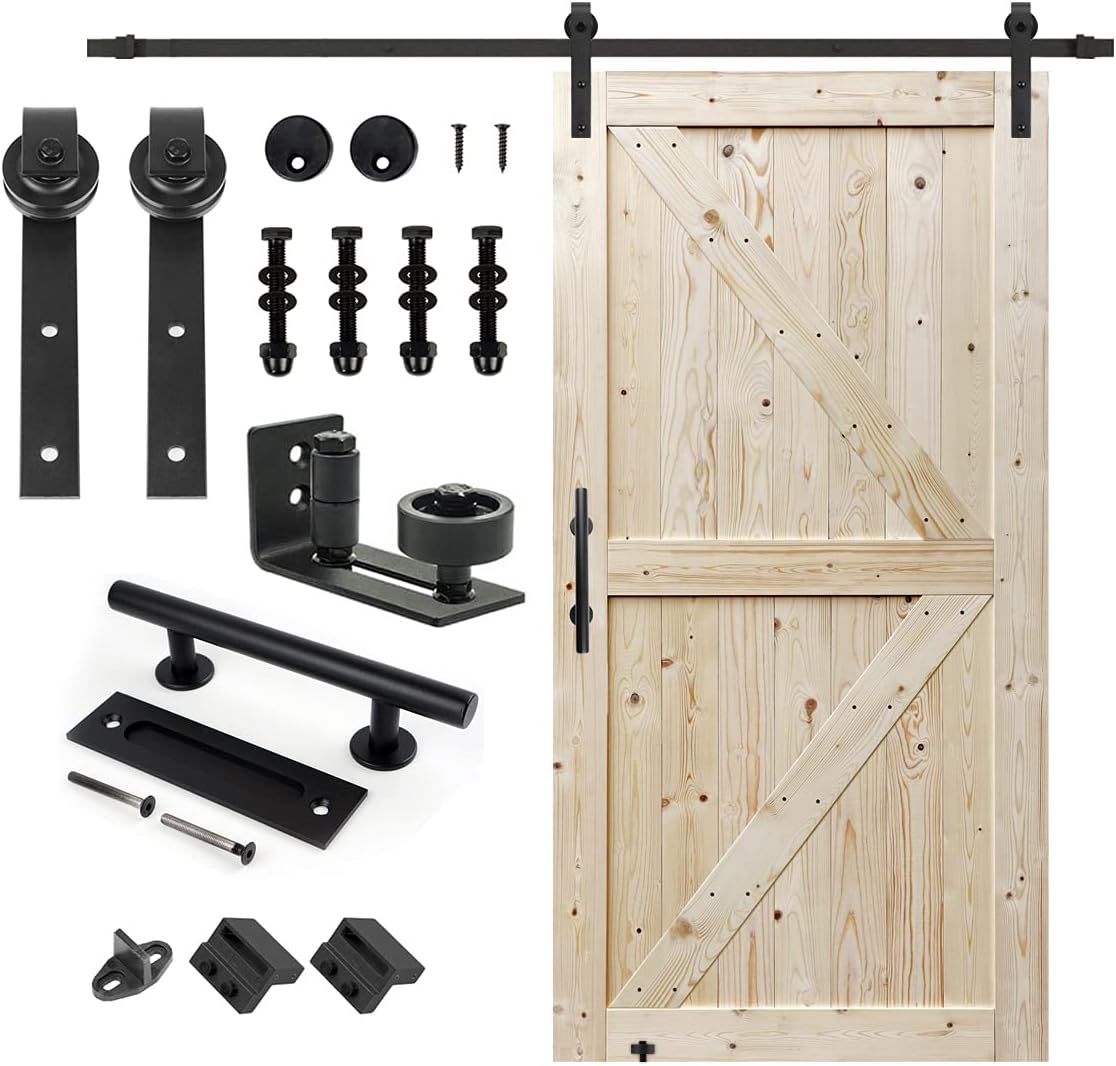 S&Z TOPHAND 42 in. x 84 in. Unfinished British Brace Knotty Barn Door with 8FT Sliding Door Hardware Kit/Solid Wood/Sliding Door/Double Surfaces/A Simple Assembly is Required (42, Door+J Shape)