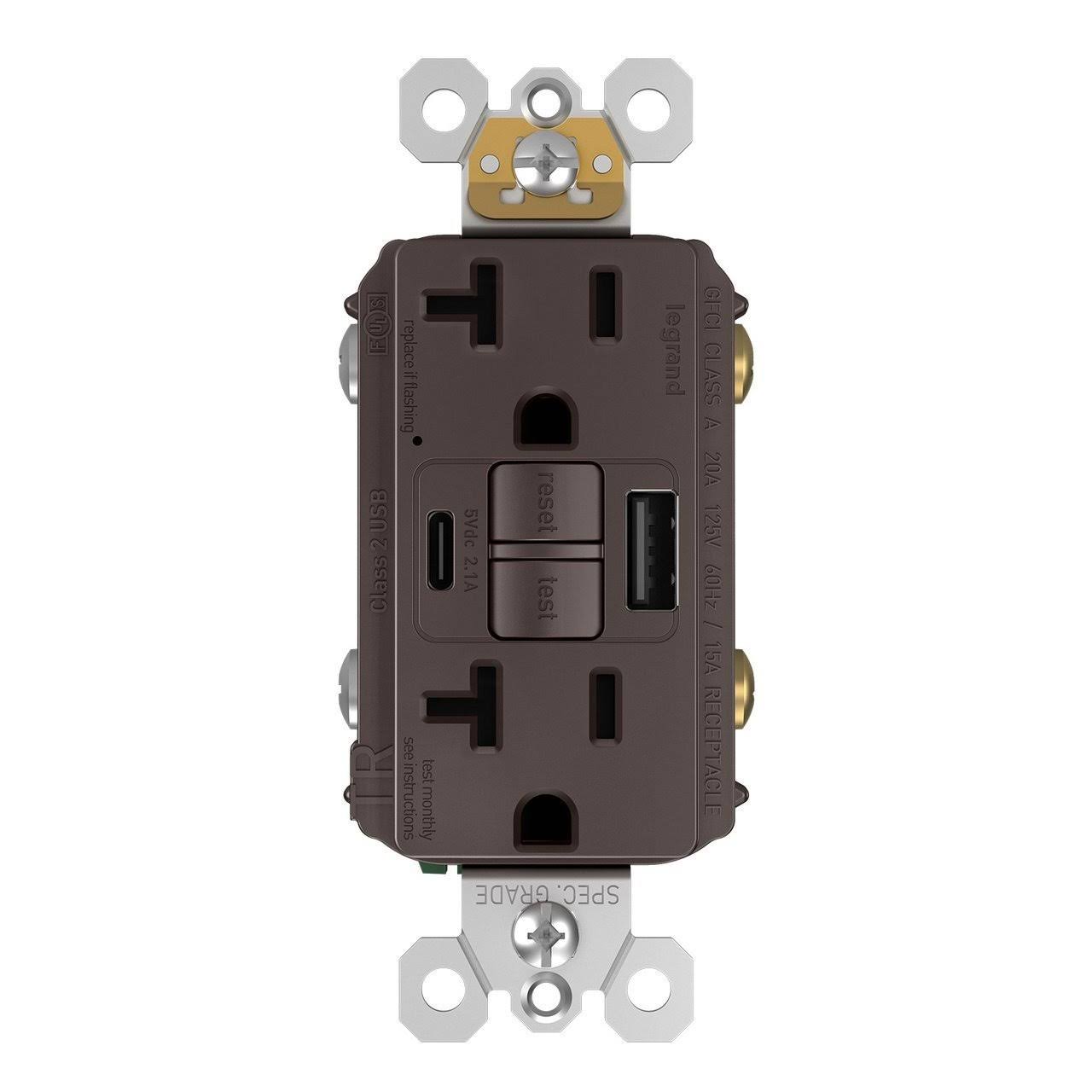GFCI with Usb-ac Charging Combo Outlet, Tamper Resistant, 20A, Brown