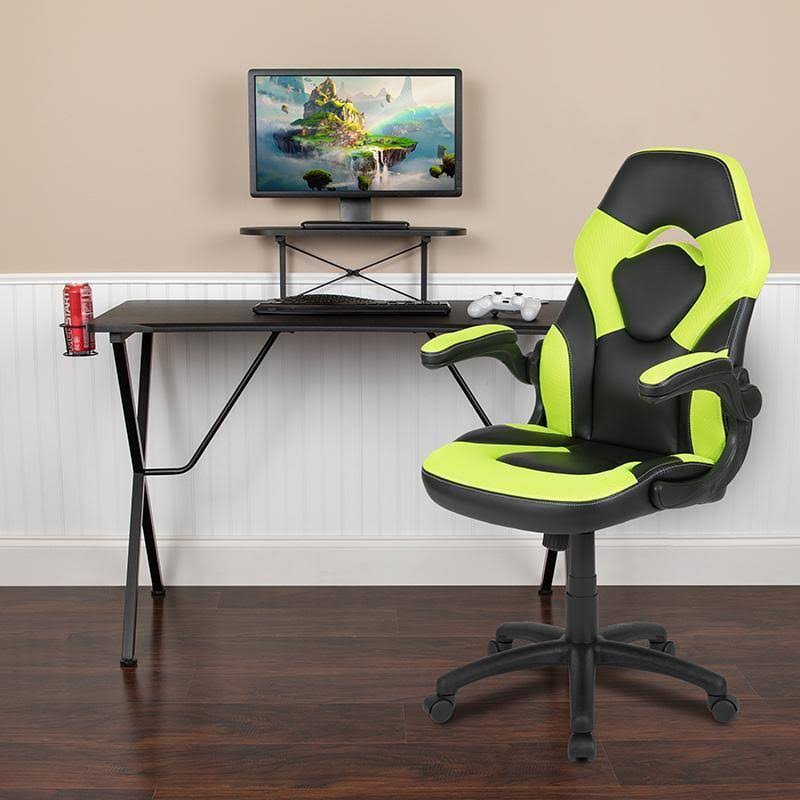 Set of Black Gaming Desk and Green/Black Racing Chair with Cup Holder, Headphone Hook, and Monitor/Smartphone Stand