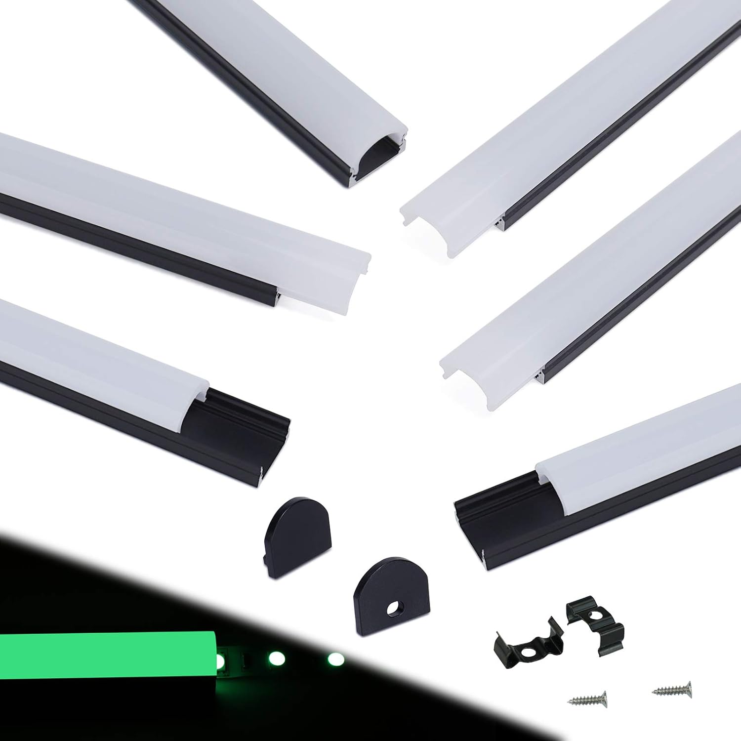 Muzata 6-Pack 3.3ft/1Meter 17x20mm U Shape Spotless LED Aluminum Channel System with 60&deg; Curved Plexiglass Milky White Neon Effect Cover Diffuser, U108 1M WW,LN1