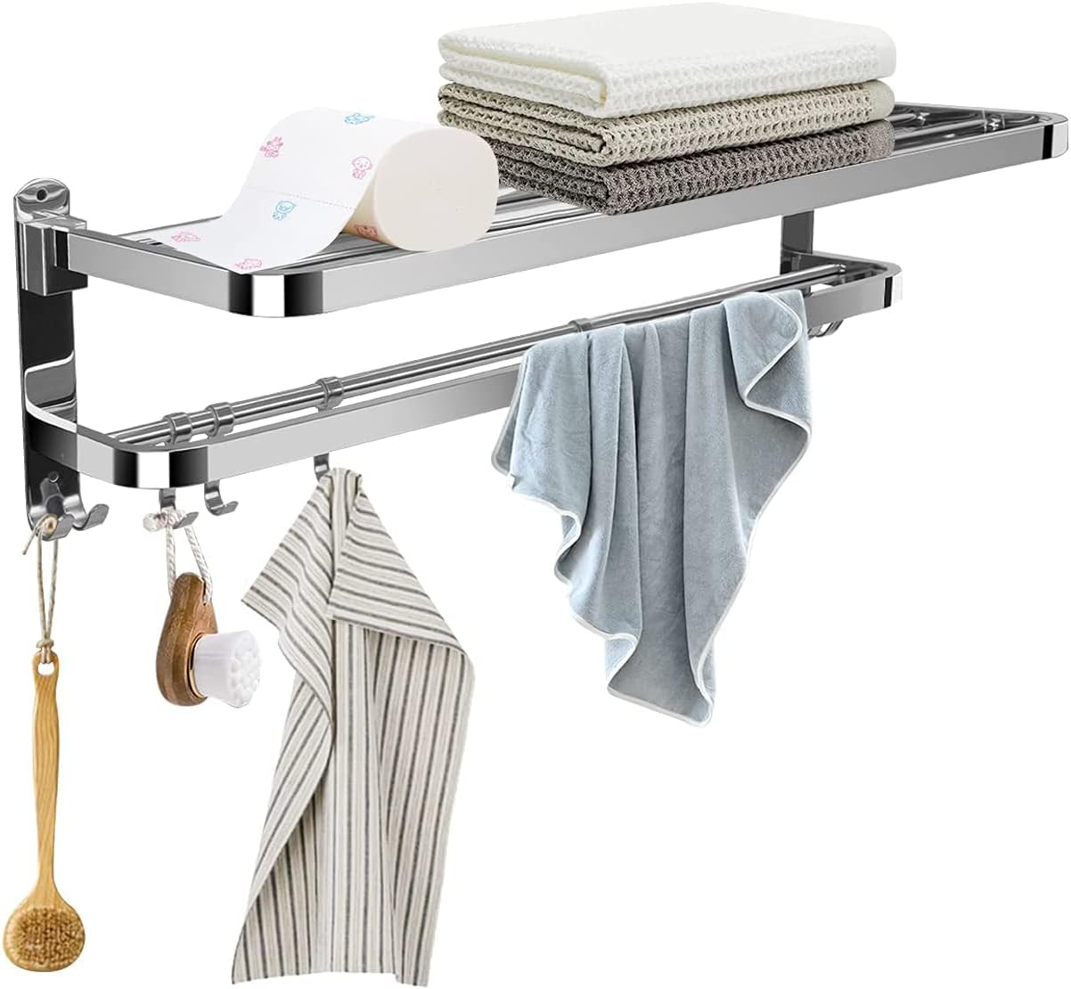 Bathroom Wall Shelves Towel Racks Foldable Double Towel Shelf with Towel Bar and Hooks Brushed Stainless Steel Rust-Proof Shelf Hotel Towels 16inch Pack of 2