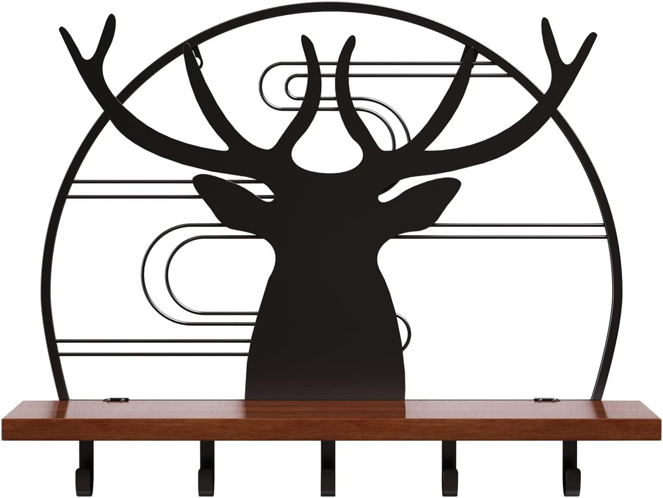 Deer Wall Mounted Floating Shelf, Metal Deer Rustic Solid Pine Wood Wall Shelves with Coat Hooks (Brown) Pack of 2