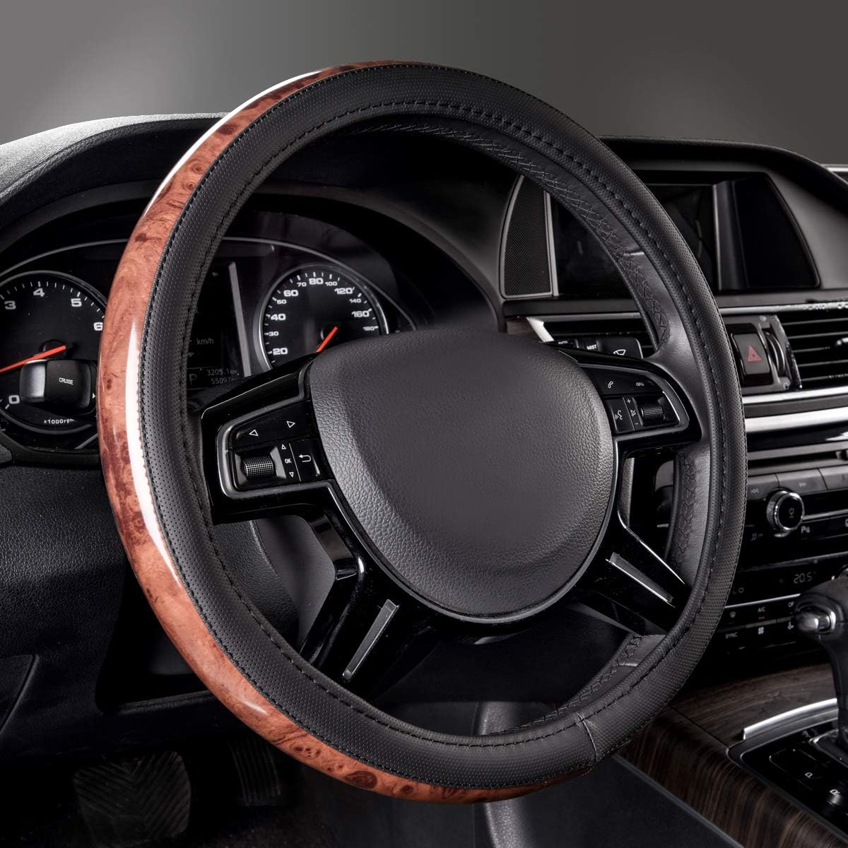 CAR PASS Classic Wood Grain Universal Leather Steering Wheel Cover fit for Trucks,suvs,Vans,sedans (Black)