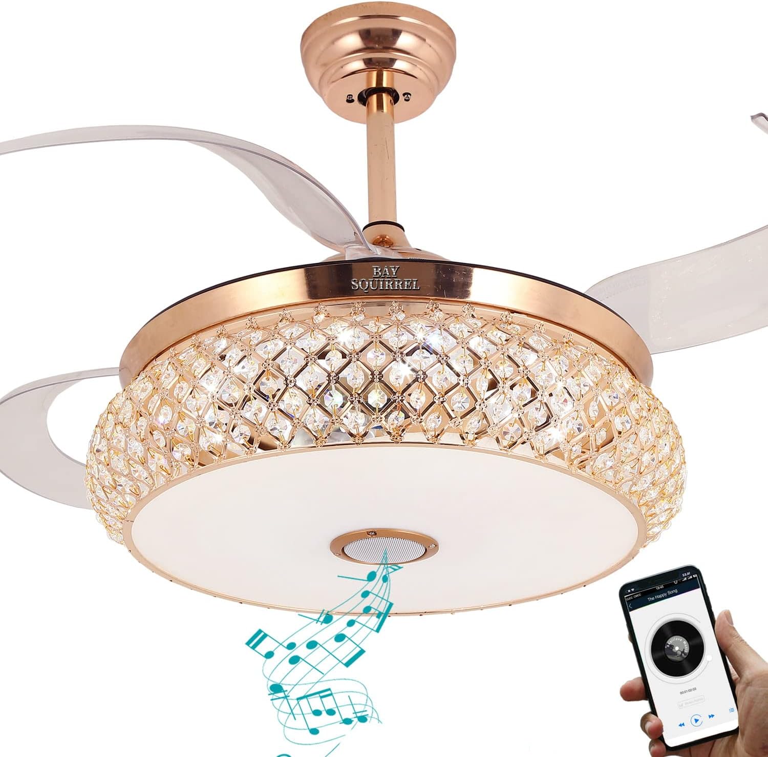 BAYSQUIRREL Retractable Invisible Ceiling Fan with Light and Bluetooth Speaker, Modern Bluetooth Fan Chandelier with Remote Control 7 Color Change 36W LED 42 Inch (Gold)
