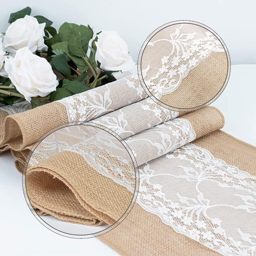 NA 5pcs Burlap Lace Table Runner Hessian Rustic Table Cloth Natural Jute for Country Wedding Party Dining Table Fall Decoration Baby Birdal Shower Farmhouse Kitchen Table Decor 12X108