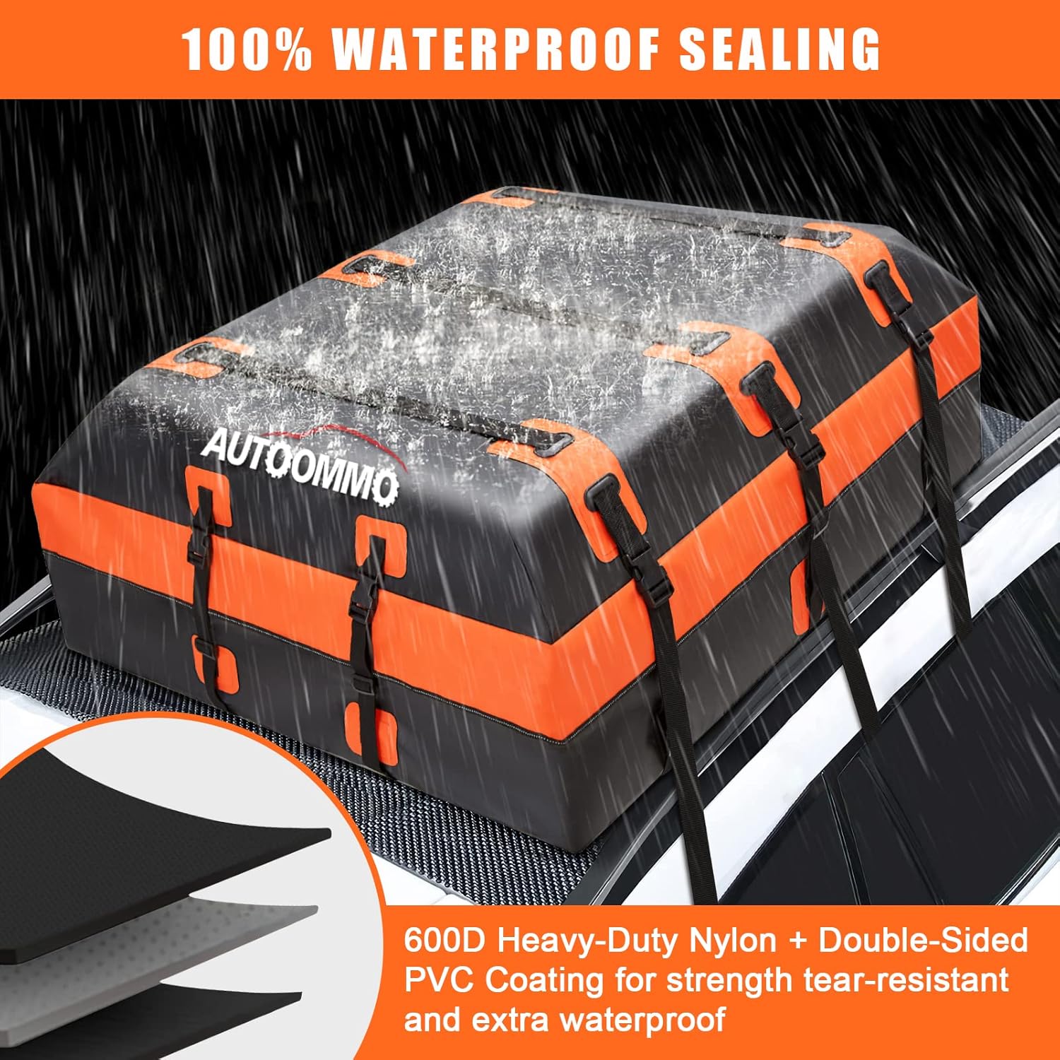 Upgraded Car Rooftop Cargo Carrier Bag - AUTOOMMO 15 Cubic Feet 100% Waterproof and Strength Tear-Resistant Car Roof Bag Cargo Carrier with 10 Heavy-Duty Straps, Fits All Cars with/Without Racks.