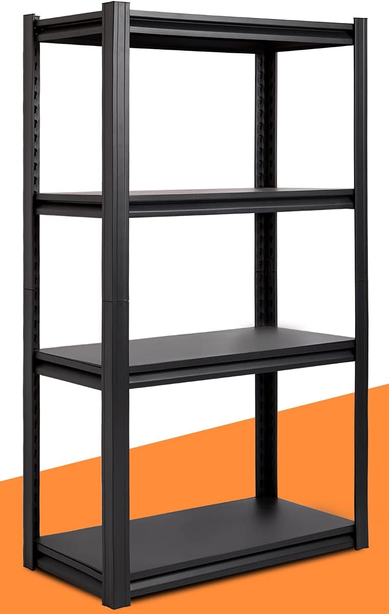 Raybee Garage Shelving Units with 4 Tier Metal Shelves, Heavy Duty Garage Shelves for Kitchen Living Room Garage Commercial Industrial Steel Storage Racks, 57&rdquo; H x 27.5&rdquo; W x 13.8&rdquo; D, Black