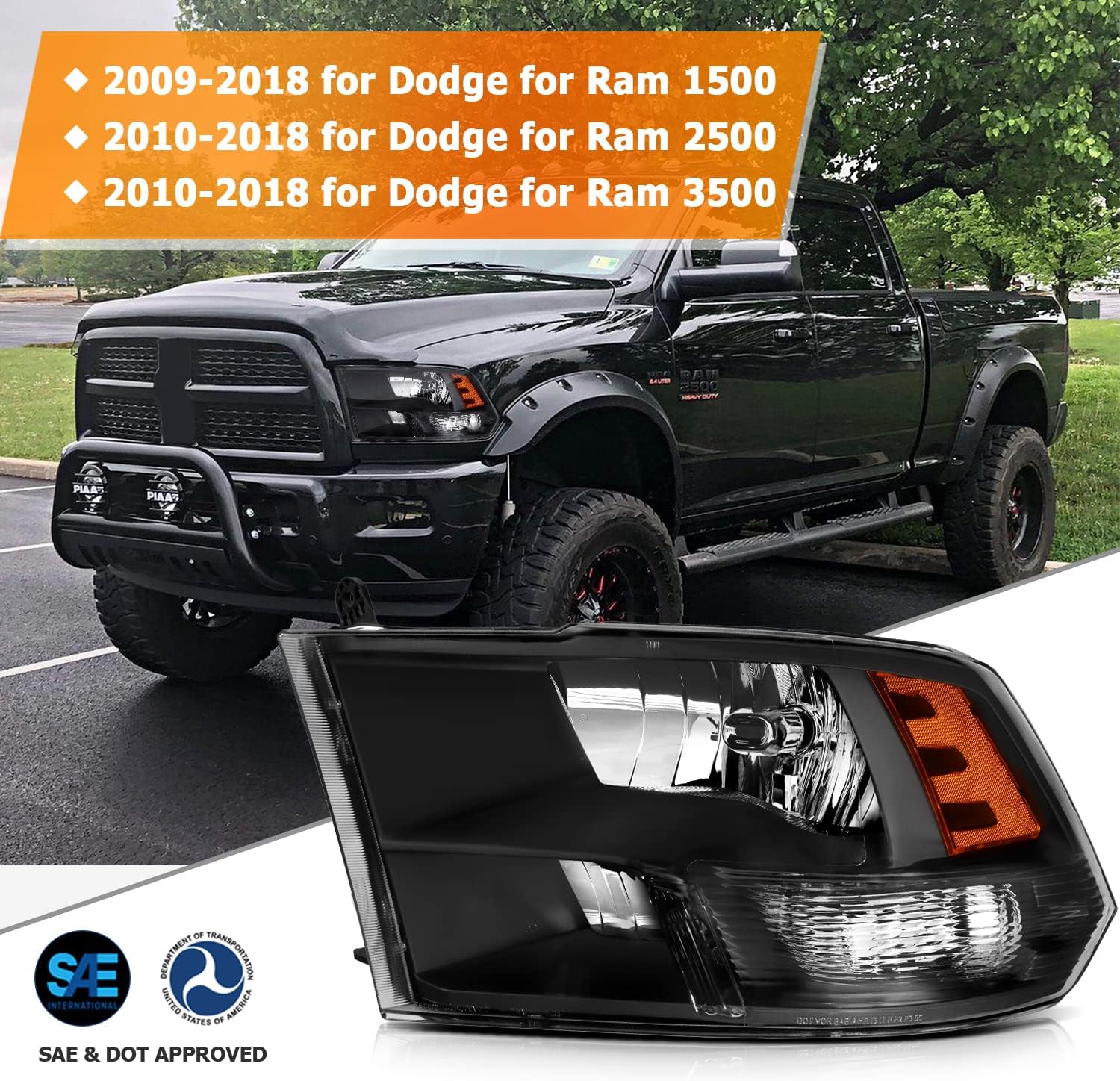 LBRST Headlight Assembly For Dodge For Ram 1500 2009-2018 For Dodge For Ram 2500 2010-2018 For Dodge For Ram 3500 2010-2018 Black Housing Amber Reflector Clear Lens Driver and Passenger Side Headlamp