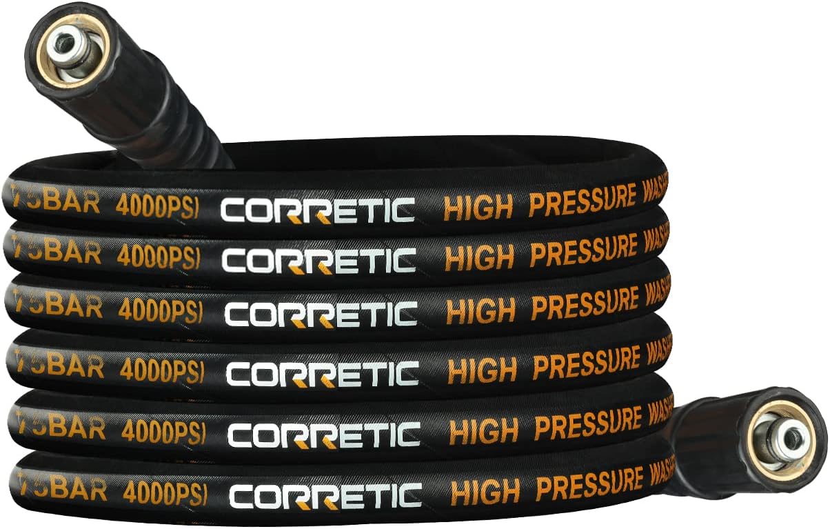 Corretic Pressure Washer Hose 50 FT, Heavy Duty & Non-Marking 3/8 Pressure Washer Hose 4000 PSI Kink Resistant, High Tensile Wire Braided Power washing Hose, M22 14mm Brass Thread Adapter Set Pack of 2