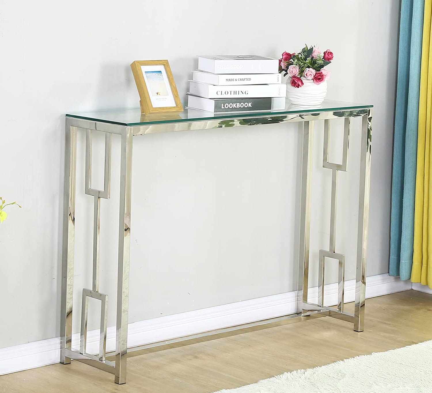 Console Table with Glass Top Accent Chrome Entryway Table, Narrow Sofa Table for Living Room, Hallway and Bedroom, Modern Glass Entry Table, Easy to Assemble, Clear/Silver, Hollow Side