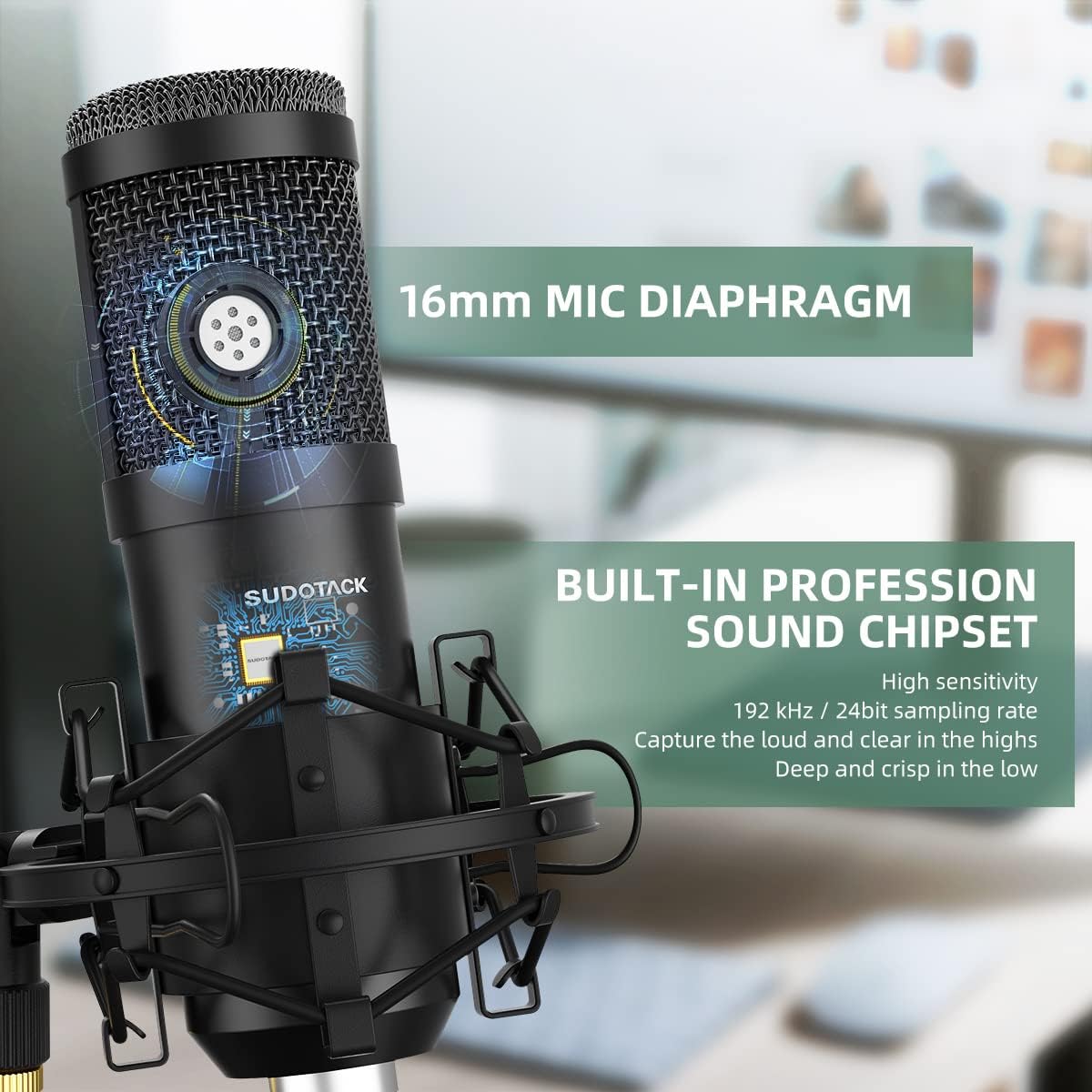 USB Streaming Podcast PC Microphone, SUDOTACK Professional 192kHz/24bit Studio Cardioid Condenser Mic Kit with Sound Card Shock Mount Pop Filter, for Skype Youtuber Karaoke Gaming Recording Pack of 2