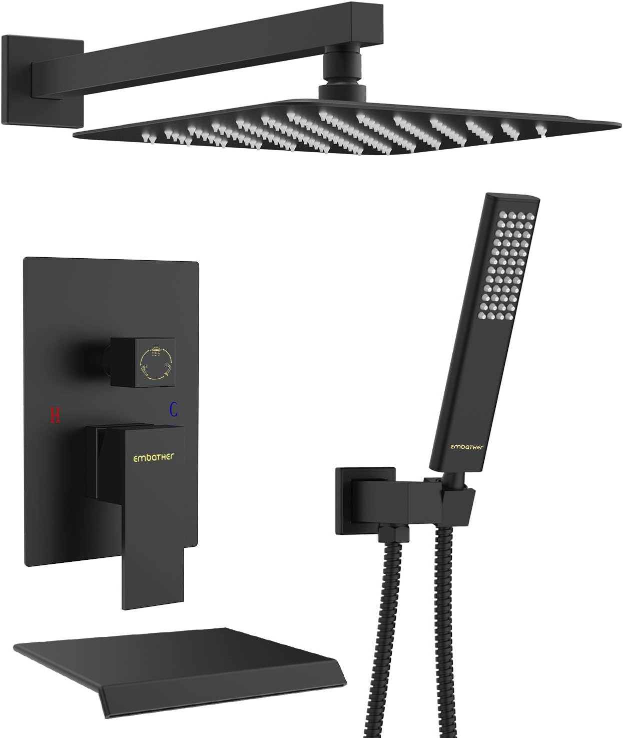 EMBATHER Black Shower System with Waterfall Tub Spout- 10 Inches Rain Shower Tub Faucet Set with Square Showerhead and Handhled-Eco-Friendly（Valve included