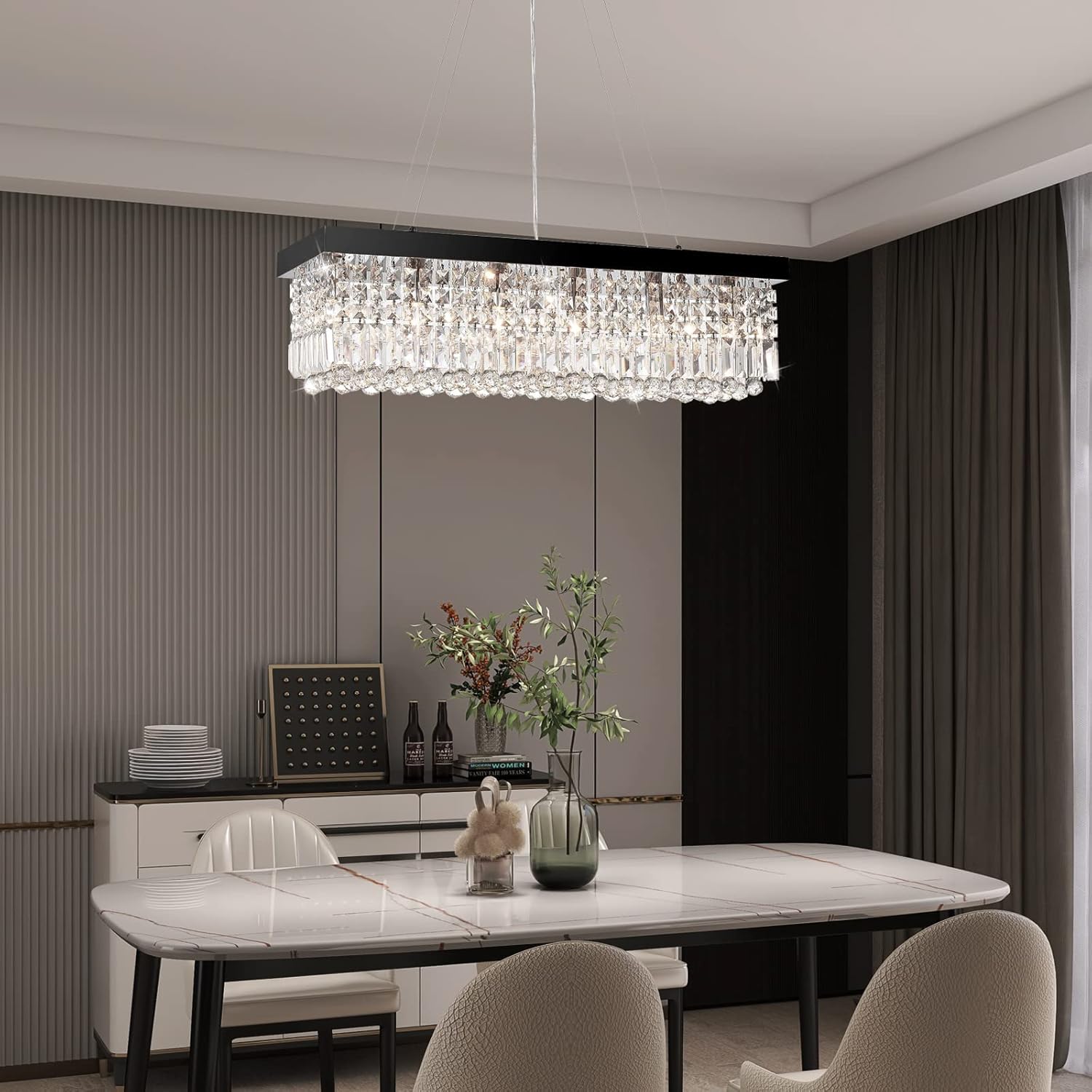 7PM Rectangle K9 Crystal Chandelier Modern Rectangular Pendant Lighting Fixture for Dining Room Kitchen Island Bedroom Black L31.5