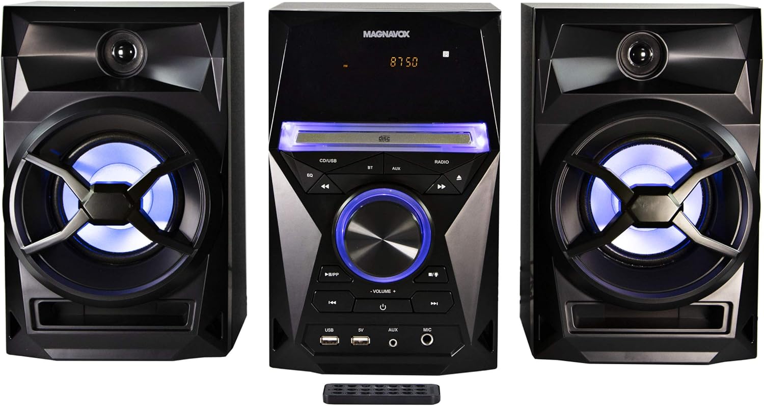 Magnavox MM441 3-Piece CD Shelf System with Digital PLL FM Stereo Radio, Bluetooth Wireless Technology, and Remote Control in Black | Blue Colored Speaker Lights | LED Display | AUX Port Compatible |