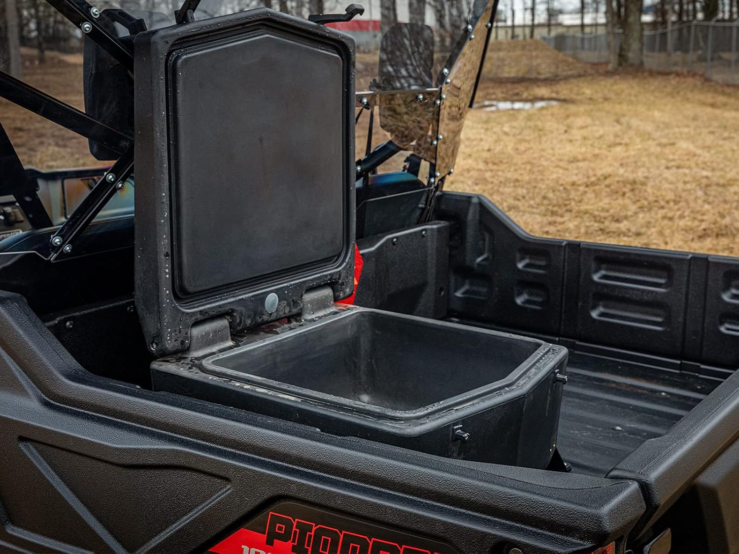 SuperATV Insulated Heavy-Duty UTV Storage Cargo Cooler Box compatible with a Honda Pioneer 1000 / 1000 Deluxe / 1000 Limited (2016+) | Sealed Lid, Drain Plug, and Dual Cup Holders | 30-Liter Capacity!