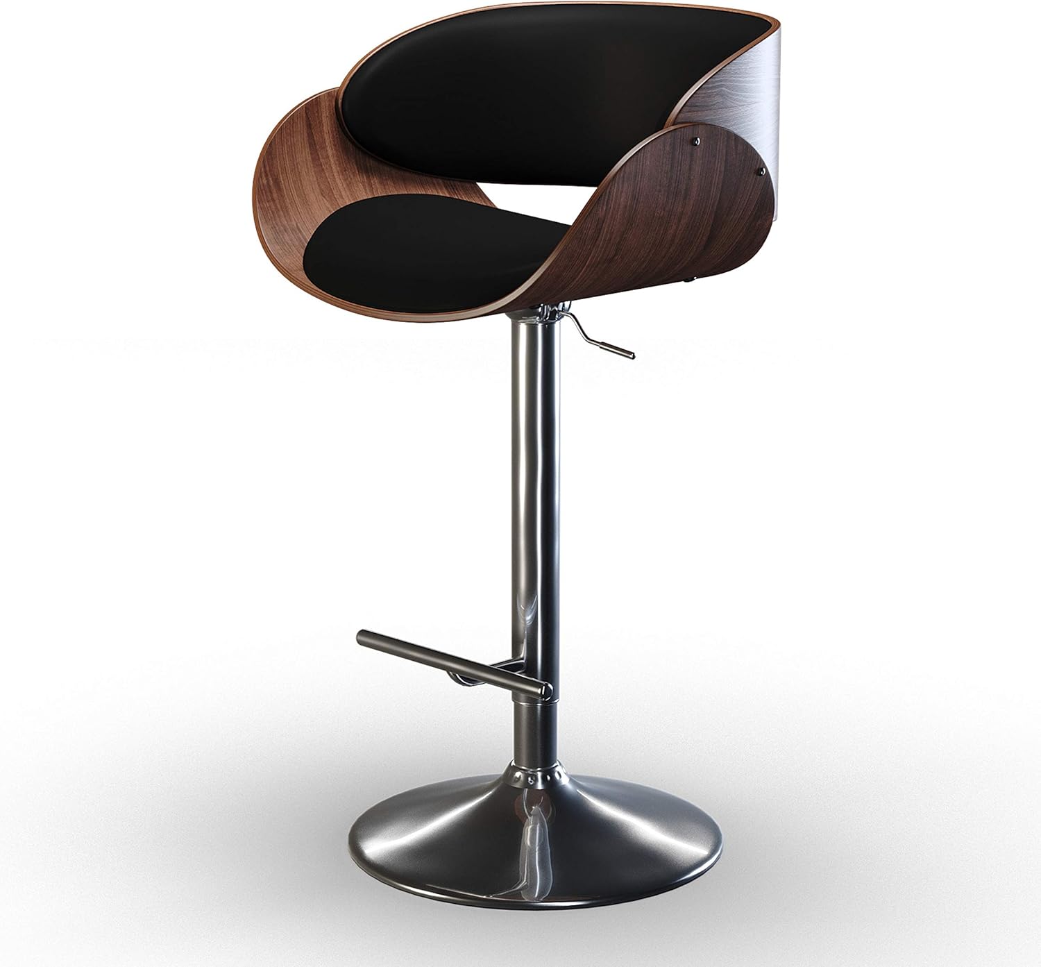 SIMPLIHOME Amery 34 inch Bar Stool, Black PU Faux Leather, Curved, Swivel, Gas Lift Adjustable Height, for the Kitchen and Dining Room, Mid Century Modern