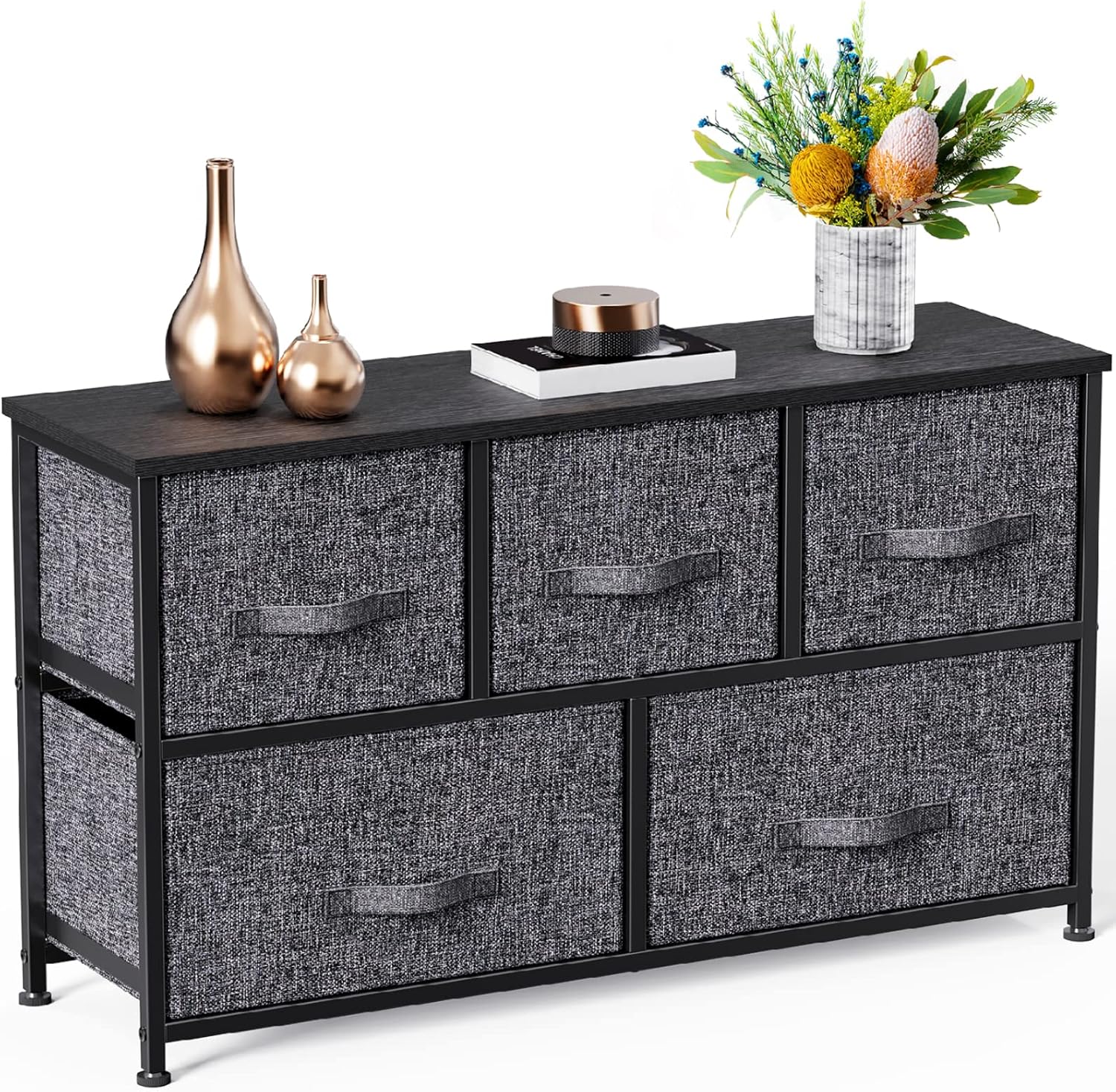 Pipishell Fabric Dresser with 5 Drawers, Wide Dresser Storage Tower, Organizer Unit with Wood Top and Easy Pull Handle for Closets, Living and Nursery Room, Black