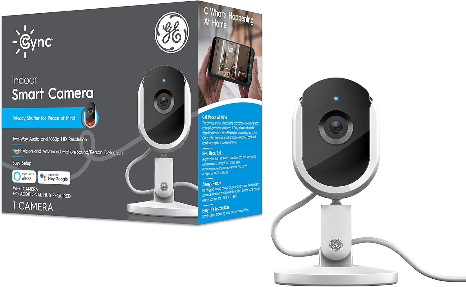 GE Lighting Cync Indoor Wi-Fi Smart Camera, 1080p Resolution, Alexa and Google Assistant Compatible with No Hub Required, White Pack of 2