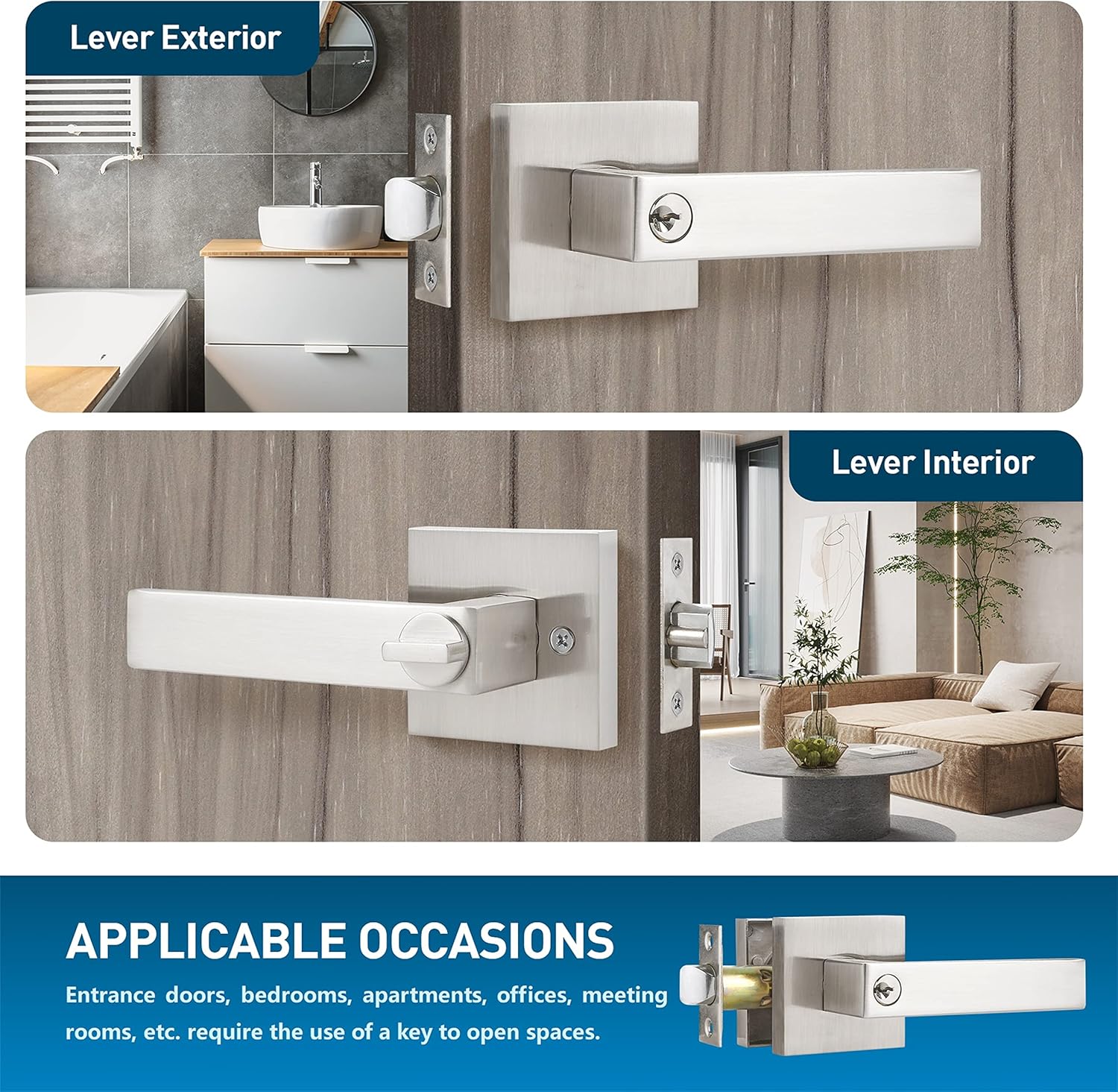 2 Pack Satin Nickel Combo Door Locksets Keyed Alike Entrance Door Levers Handles, for Right and Left Handed Doors