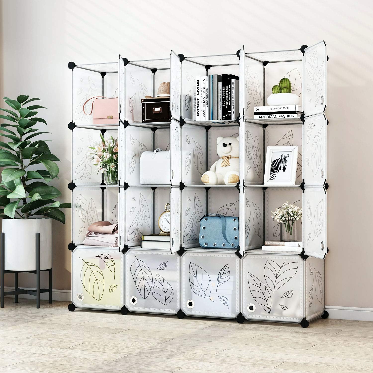 GREENSTELL Cube Storage Organizer, Plastic Closet Organizer with Doors, 16-Cube DIY Storage Cubes Organizer, Modular Storage Cabinet Book Shelf Shelving for Bedroom, Living Room, Office White Pack of 2