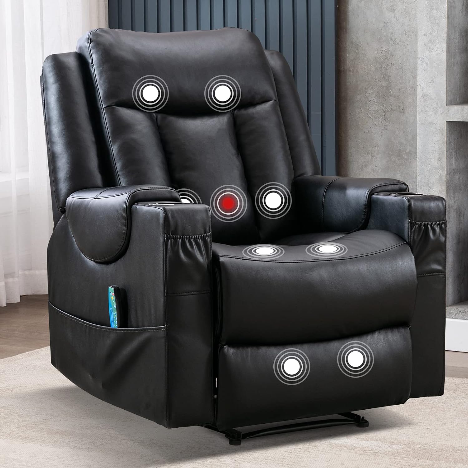 INZOY Massage Recliner Chairs with Heat and Vibration, Manual Faux Leather Reclining Chairs with 2 Cup Holders, Ergonomic Single Sofa Recliner Lounge Chair for Living Room Home Theater Seat (Black)