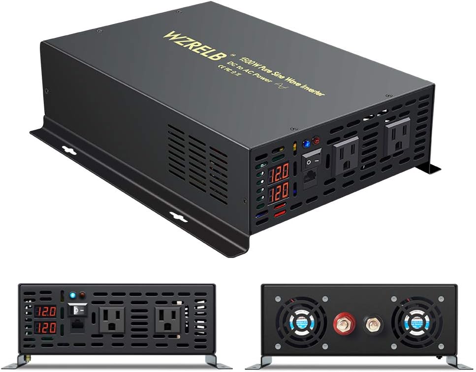 WZRELB 1500W 12V Power Inverter DC to 110V 120V AC Pure Sine Wave Inverter with Remote Controller Dual AC Outlets and LED Display for CPAP RV Camping