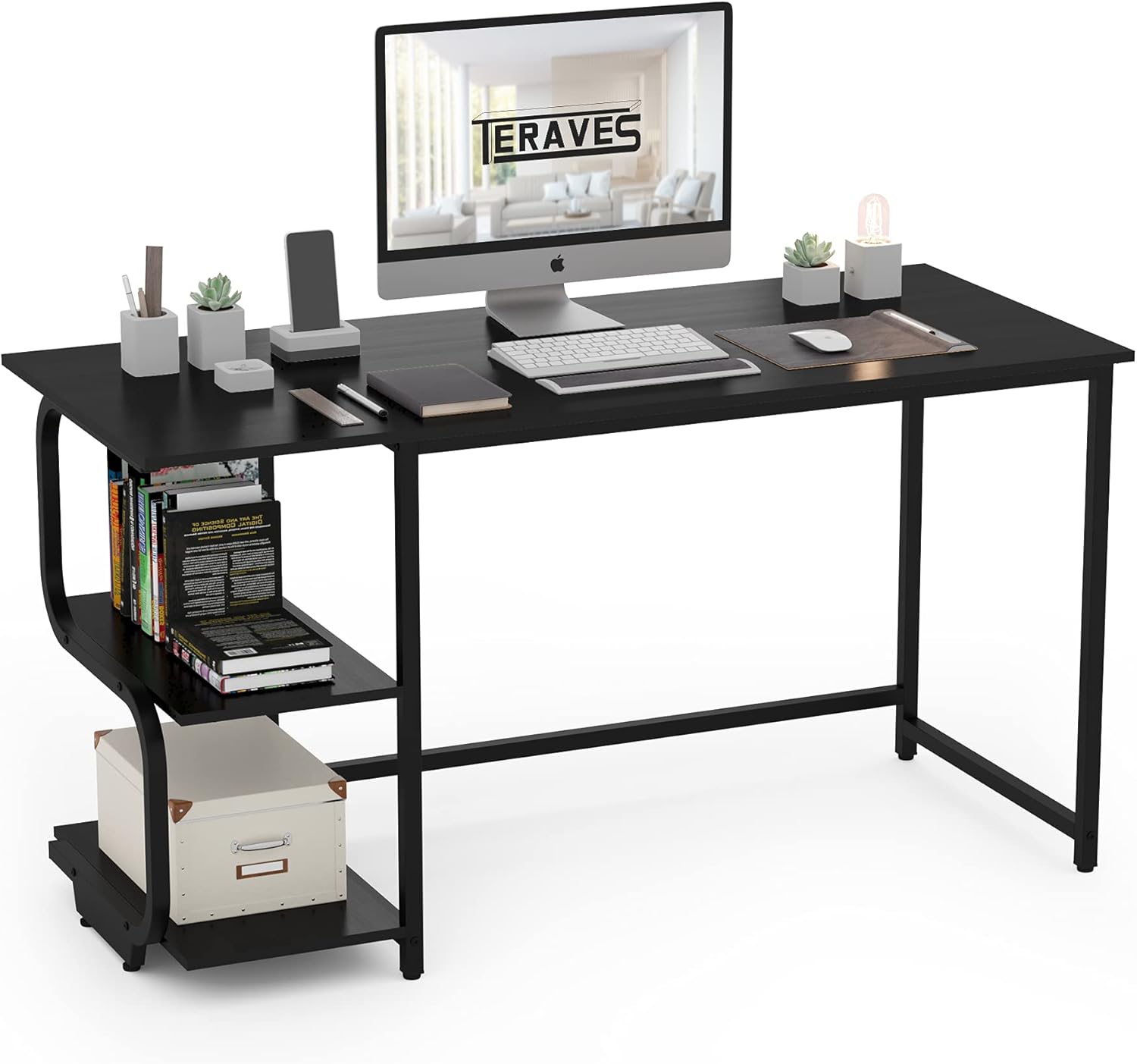 Teraves Reversible Computer Desk for Small Spaces with Shelves,55 inch Gaming Desk Office Desk for Home Office
