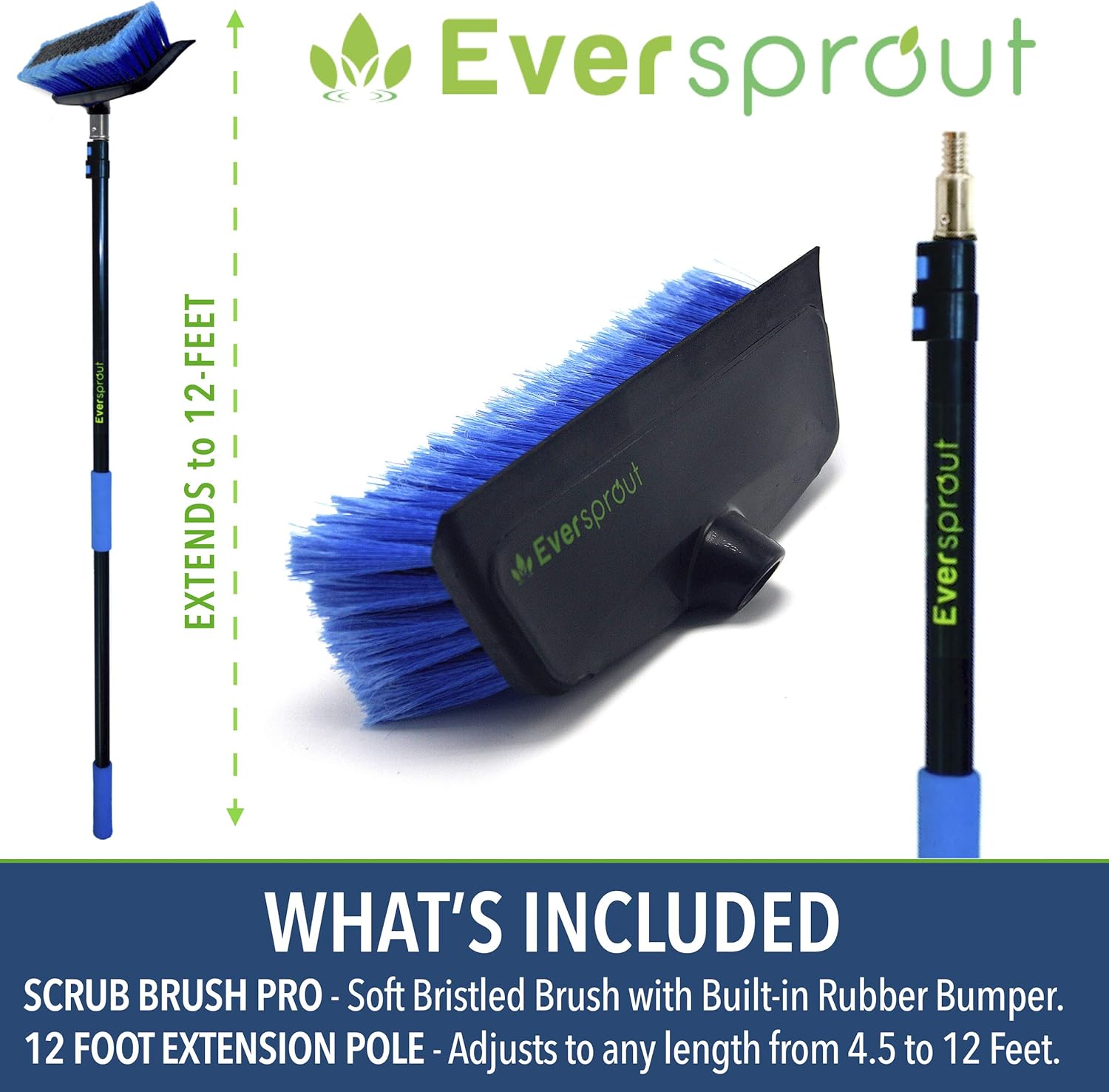 EVERSPROUT 5-to-12 Foot Scrub Brush (20 Foot Reach) | Built-in Rubber Bumper | Lightweight Extension Pole Handle | Soft Bristles wash Car, RV, Boat, Solar Panel, Deck, Floor | Bumper Prevents Scratch Pack of 2