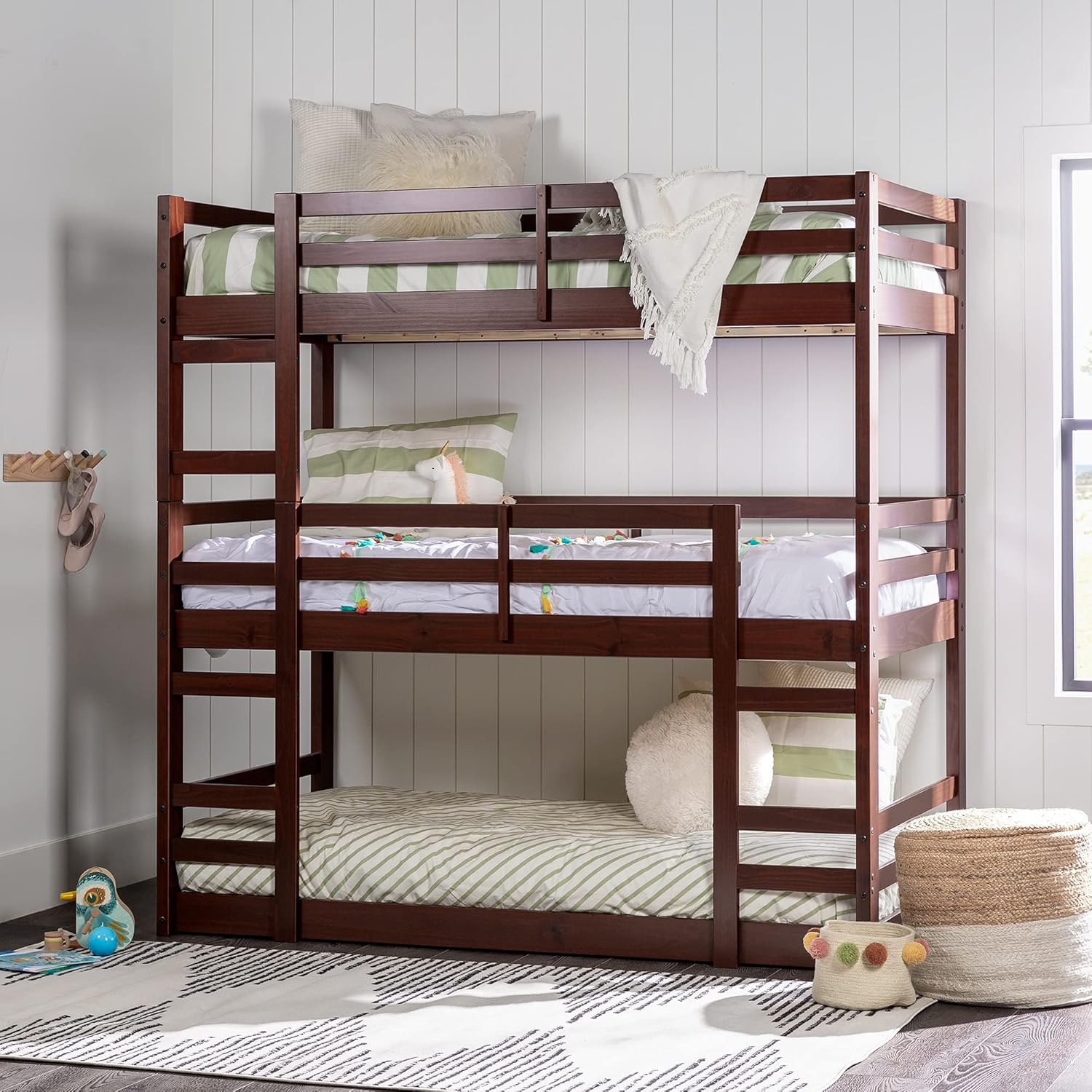 Walker Edison Alexander Classic Solid Wood Stackable Jr Twin over Twin Bunk Bed, Twin over Twin, White