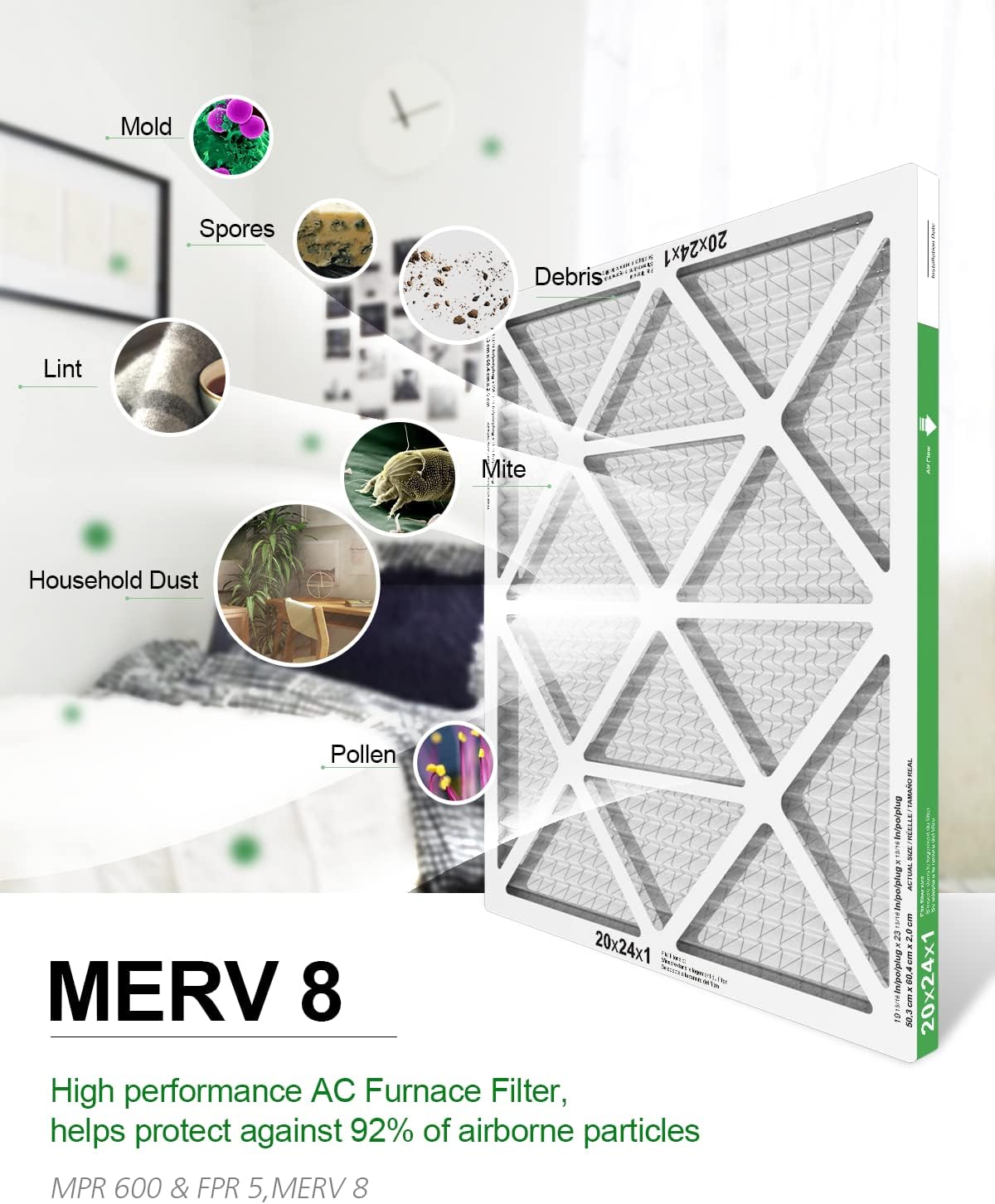 Air Filter 20x24x1, TRIGHTFILTERS MERV 8 Pleated HVAC AC Furnace Filters, 6-Pack Furnace Air Filter for Vent, Air Conditioner, Cleaner Machine, MPR 600
