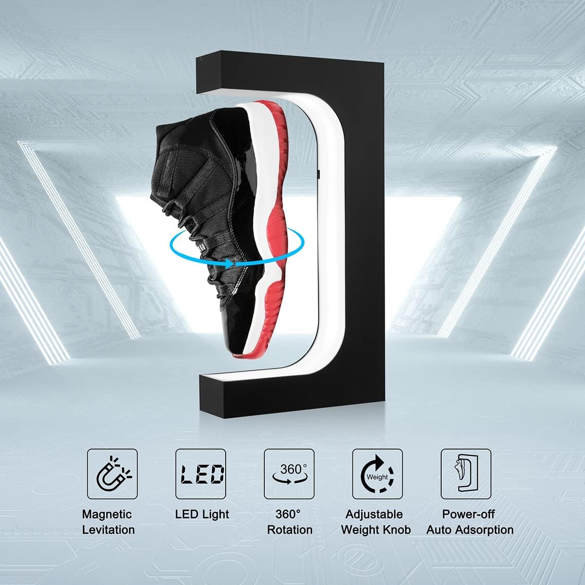 Floating Shoe Display Magnetic Levitation Sneaker Stand with LED Light Rotating Levitating Holder Rack for Shoes Collectors Advertising Exhibition Shoe Store Show Home Decoration, Black