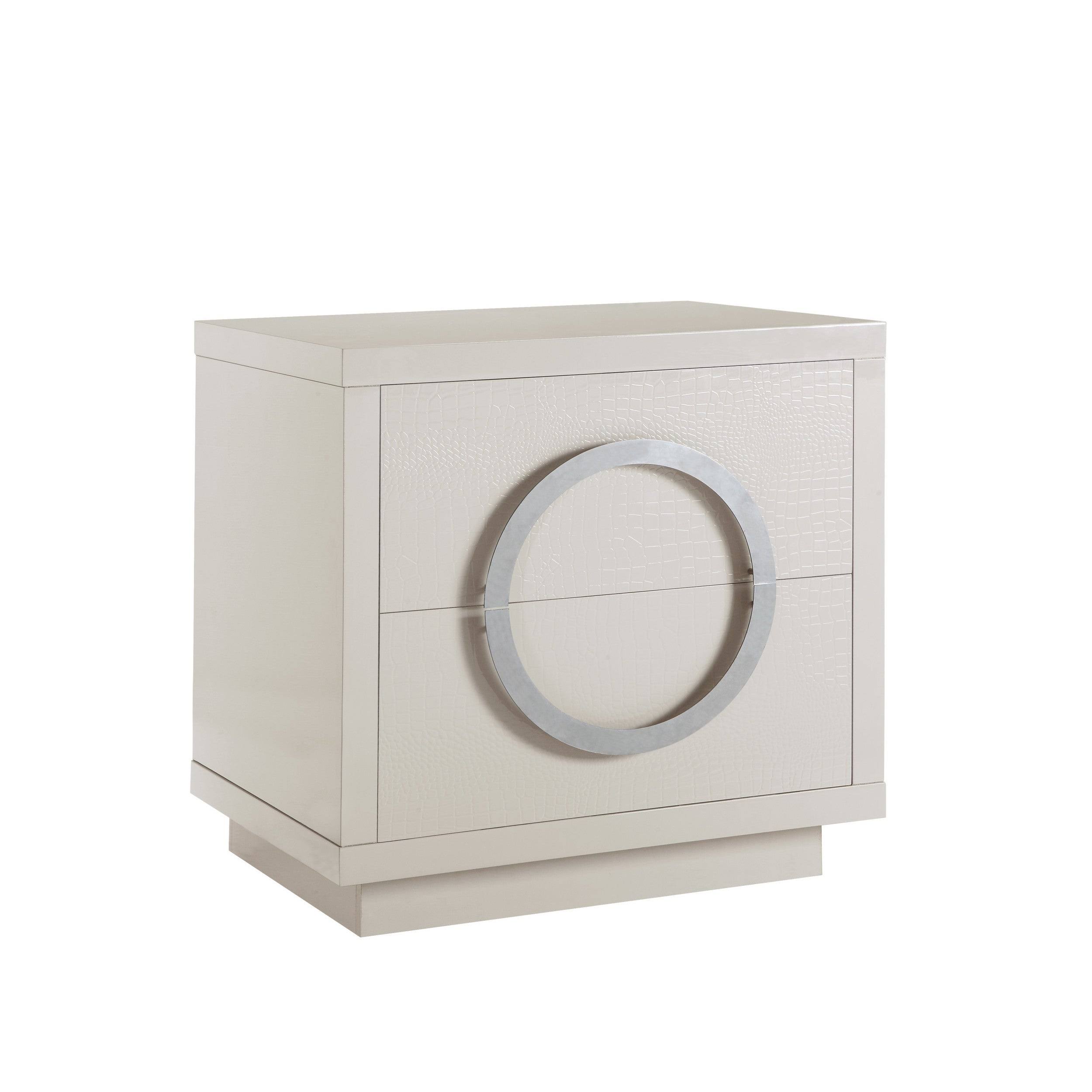 Chic Home Norcia Nightstand Side Table Crocodile Lacquer Finish with 2 Self Closing Drawers, Modern Contemporary Beige